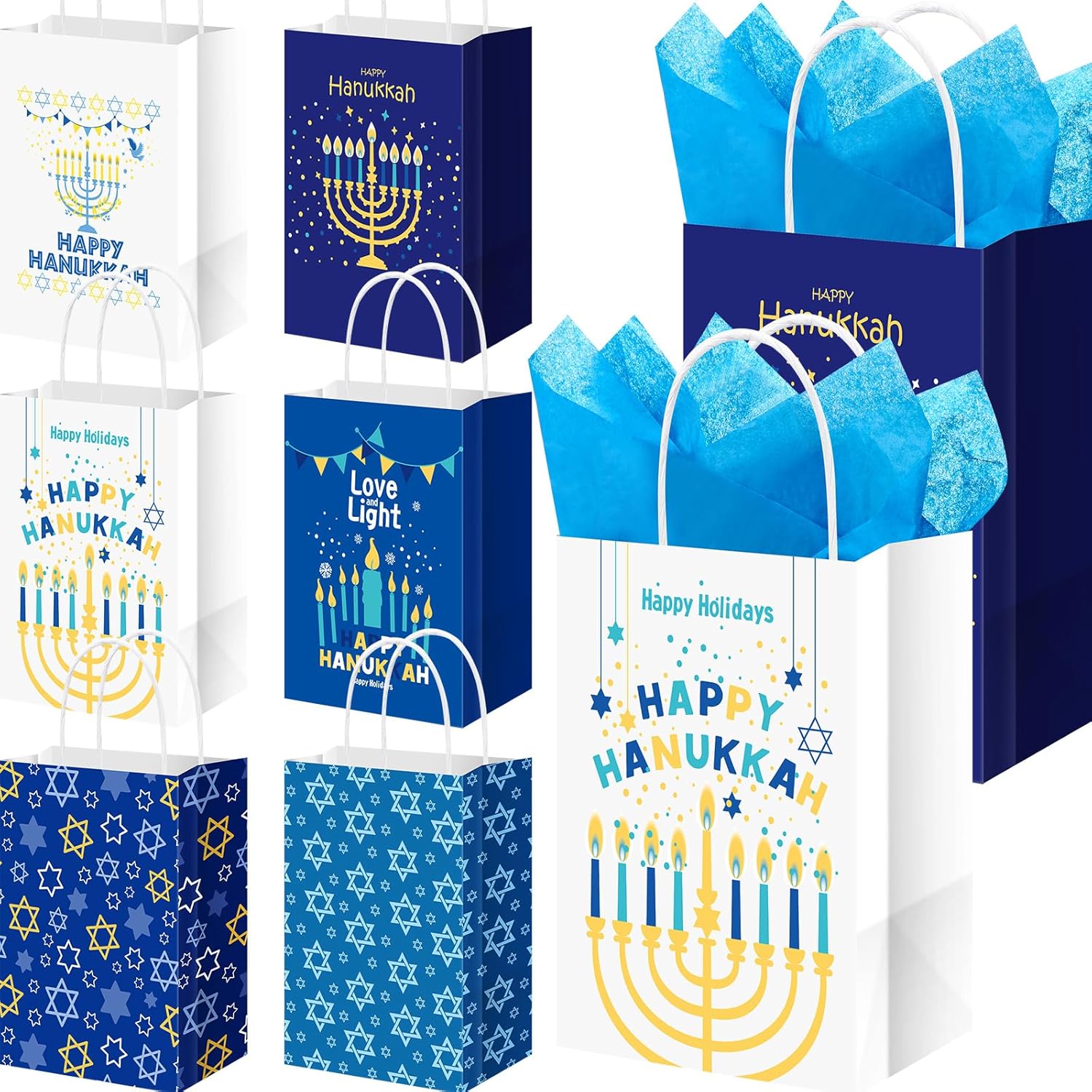 Patelai 24 Pieces Hanukkah Gift Bag Bulk with Blue Tissue Paper Chanukah Gift Bag with Handle Hanukkah Goodie Bags for Holiday Gifts Wrapping Party Favors Supplies