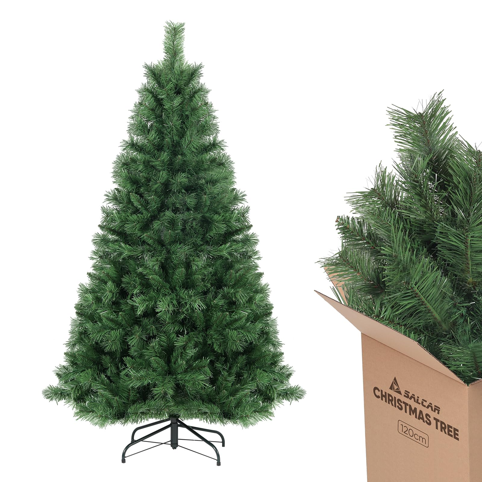 SALCAR Albero di Natale Artificiale 120 cm, Abete di Natale con Guanti e Supporto in Metallo, 279 Punte per Rami, Montaggio Rapido, Ignifugo