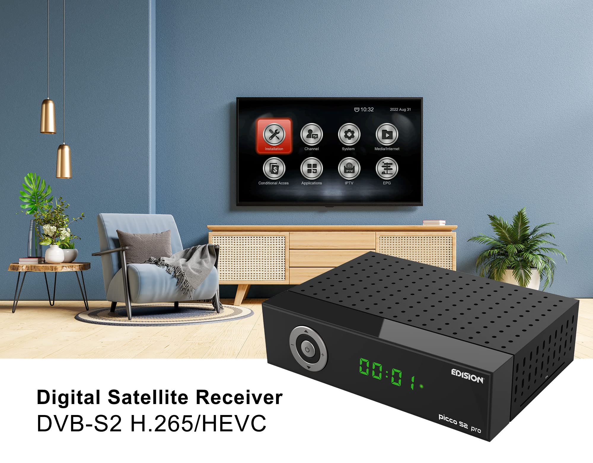 EDISION Picco S2 Pro Full HD récepteur Satellite DVB-S2 H.265 HEVC, Wi-FI à Bord, Multistream, HDMI, SCART, SPDIF, USB, IR, IR, Lecteur de Cartes, Télécommande Universelle 2en1