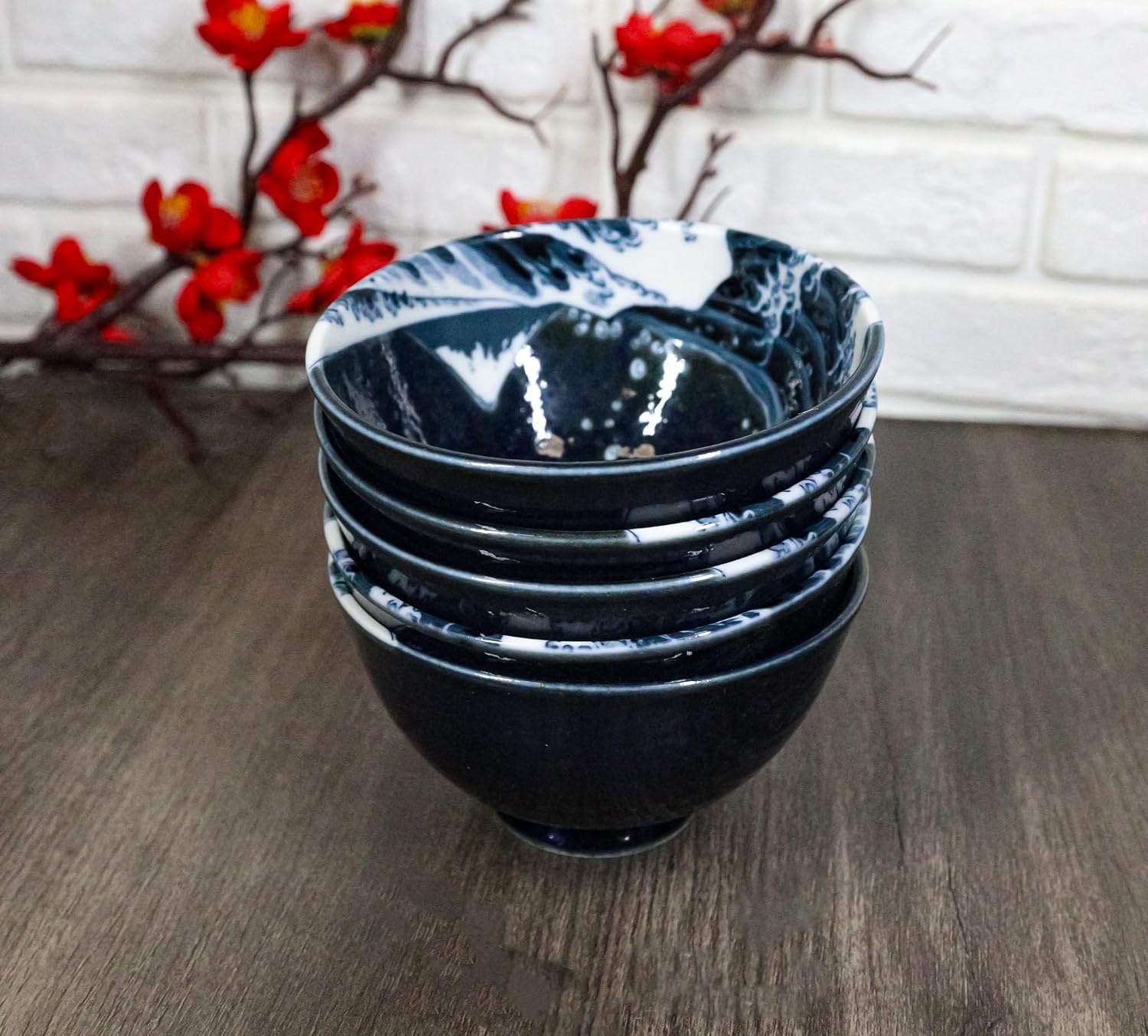 Ebros Gift Pack Of 5 Made In Japan Restaurant Grade Navy Blue Japanese Hokusai Great Wave Of Kanagawa Porcelain Double Wall Rice Soup Dessert Small Bowls 10oz 4.5" D