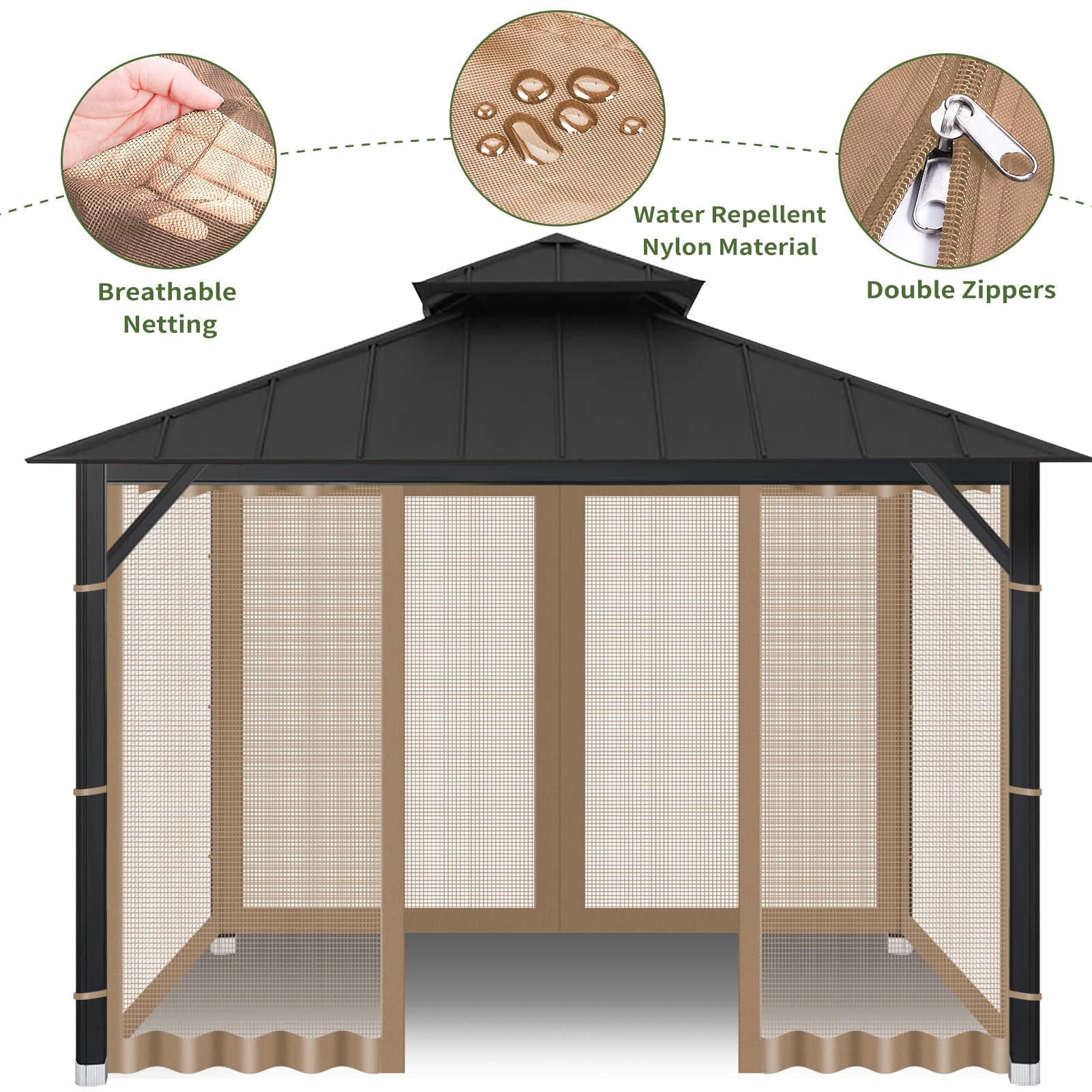 Mosquitera universal de repuesto para kiosco, pantalla de toldo para exteriores, 4 paneles de pared lateral, con cremalleras, fácil de instalar, se adapta a la mayoría de toldos, patios, caqui (10 x 4
