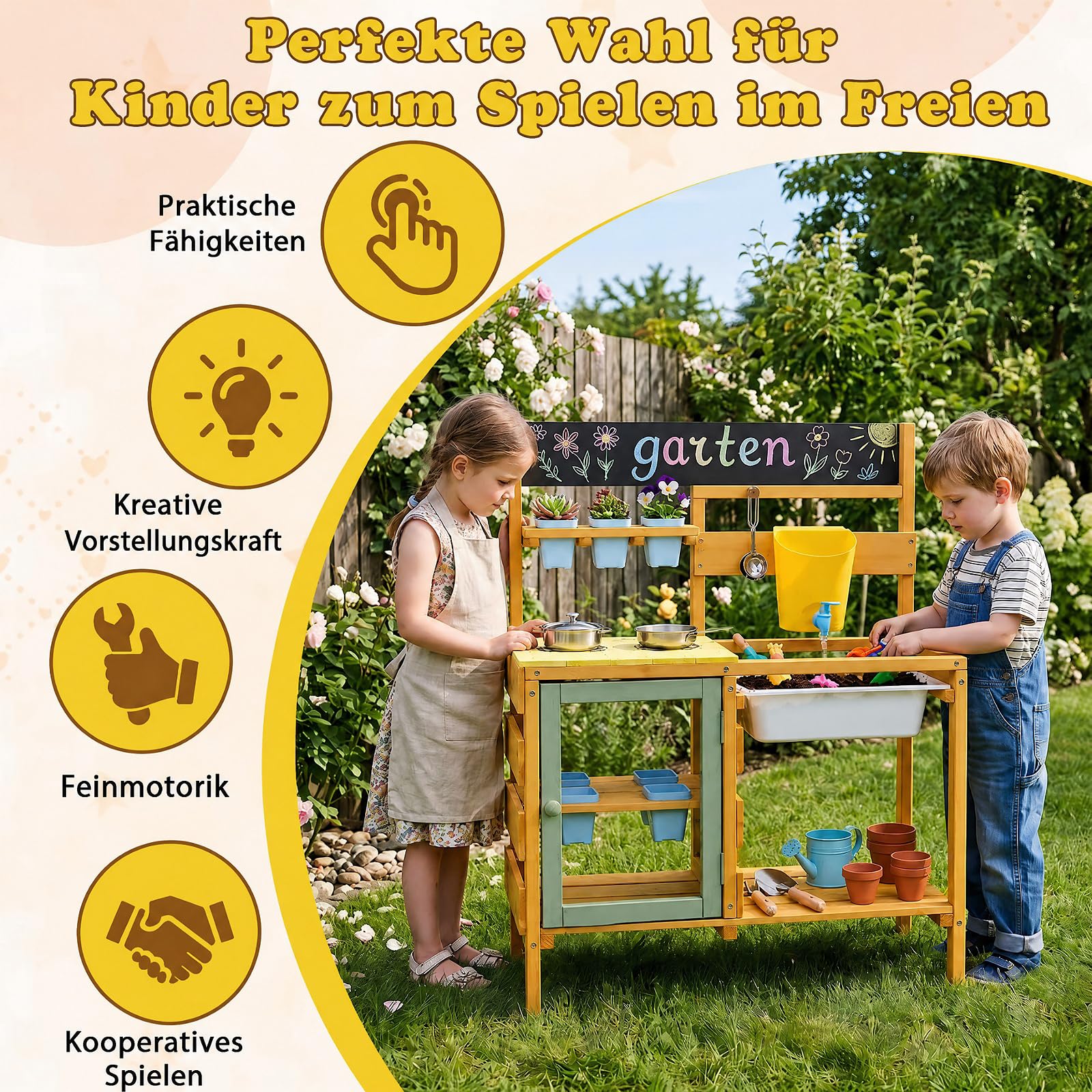 COSTWAY Matschküche Kinder Outdoor, Spielküche mit Wassertank & Wasserhahn | Kinderküche mit Spüle, Blumentöpfen, Kochzubehör & Ablagefächern, Gartenspielküche für Kinder ab 3 Jahren
