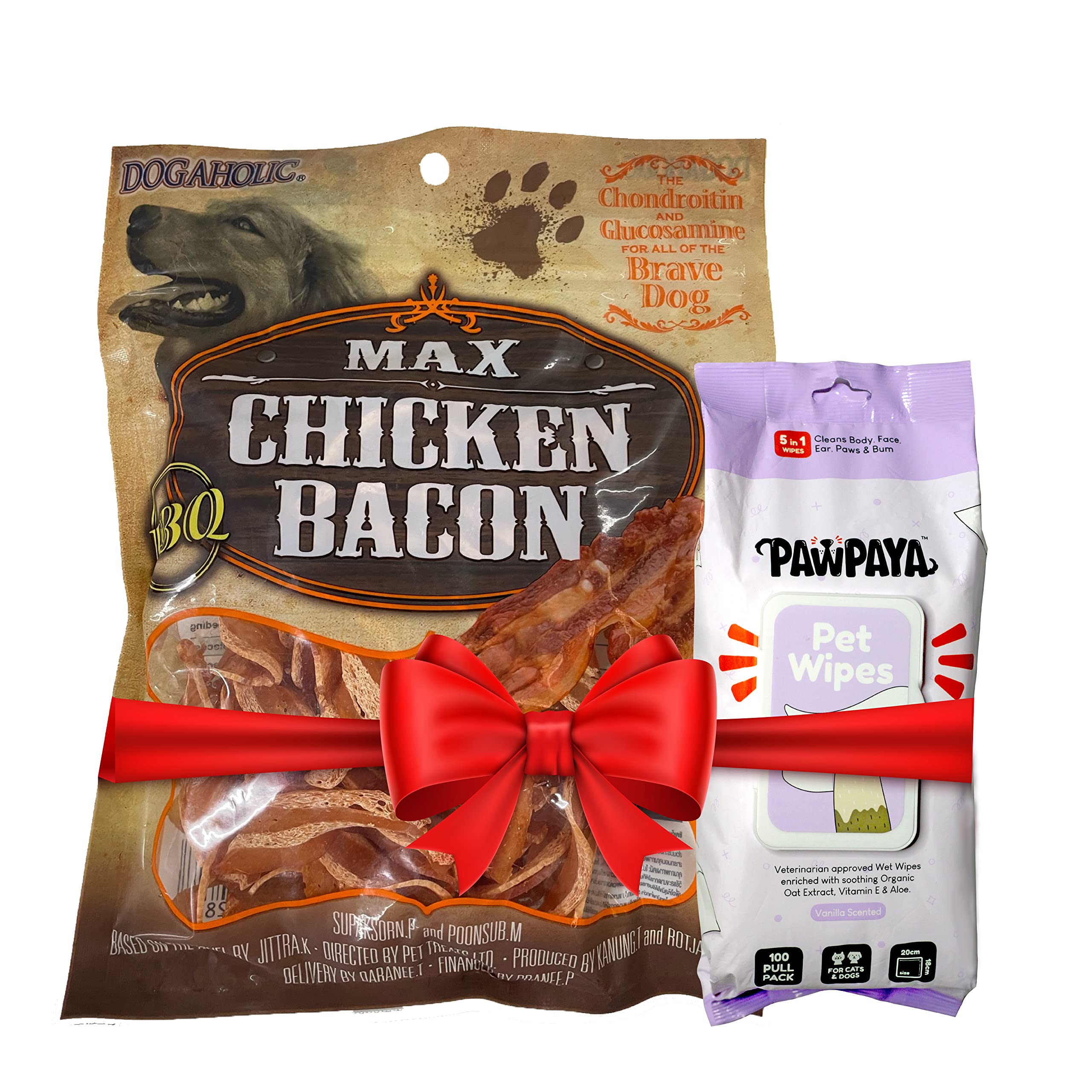 Pawpaya 5 in 1 Multipurpose 100 Pull Pack Plant-Based Pet Cleaning Wipes and 130gm of Dogaholic Rena Max Chicken Bacon Strips for Pet, All Breed Sizes