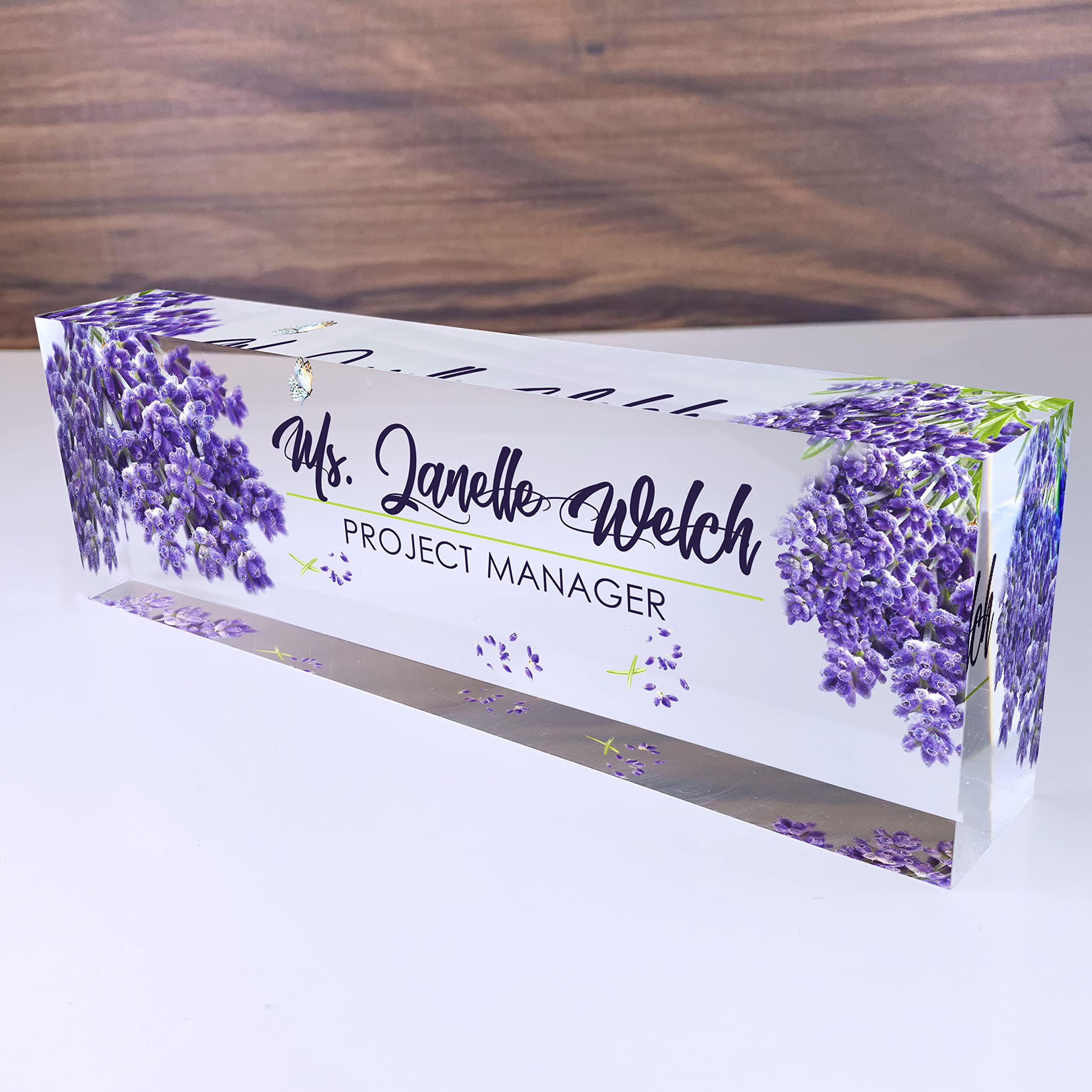 Artblox Personalized Name Plate for Desk | Lavender Design On Clear Acrylic Glass | Custom Desk Name Plate Personalized with Your Name and Credentials