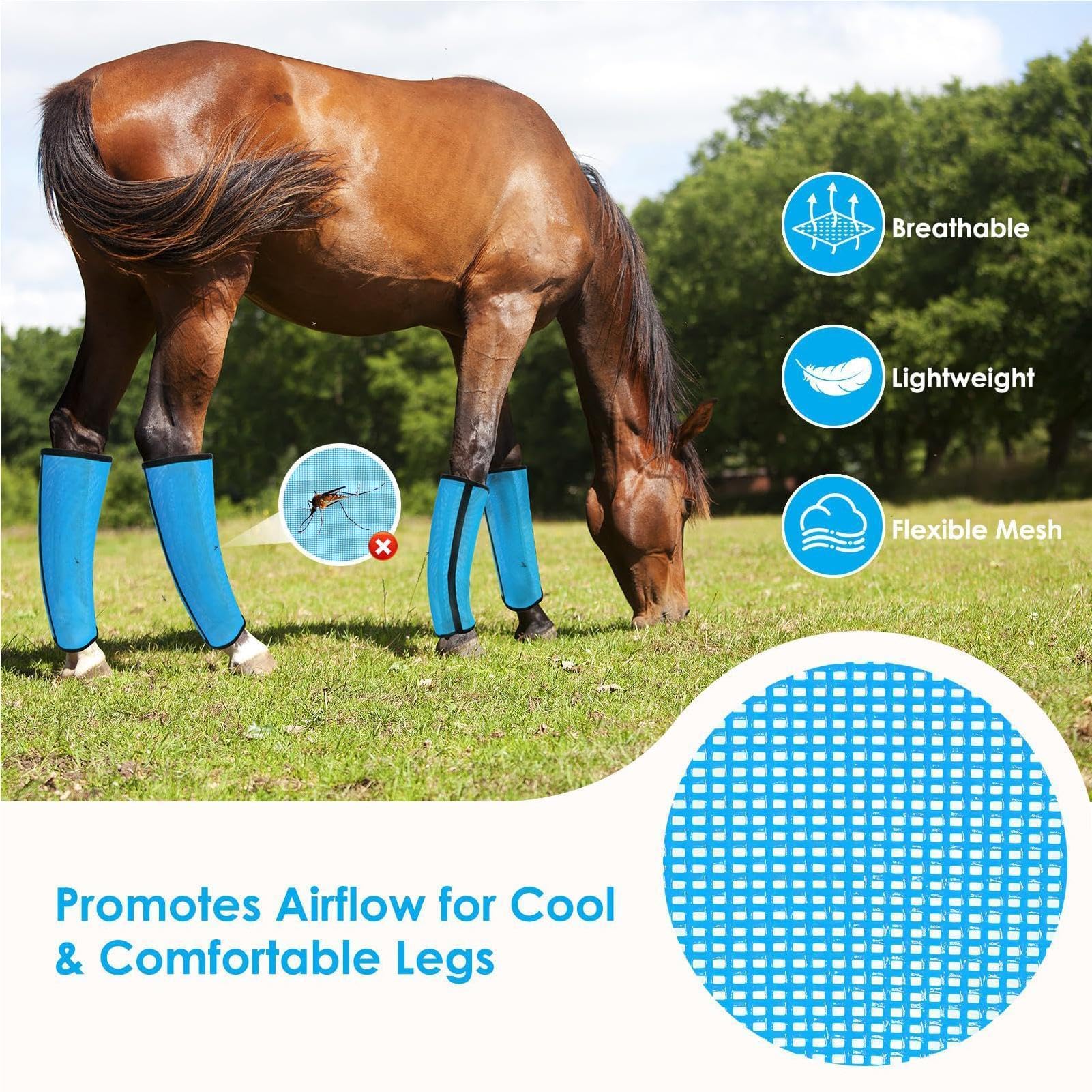 Botas contra moscas para caballos - Leggins de malla fina transpirable de 400 g | Protectores de malla ajustables y transpirables, 4 piezas, para pastos, carreras al aire libre, entrenamiento, competi