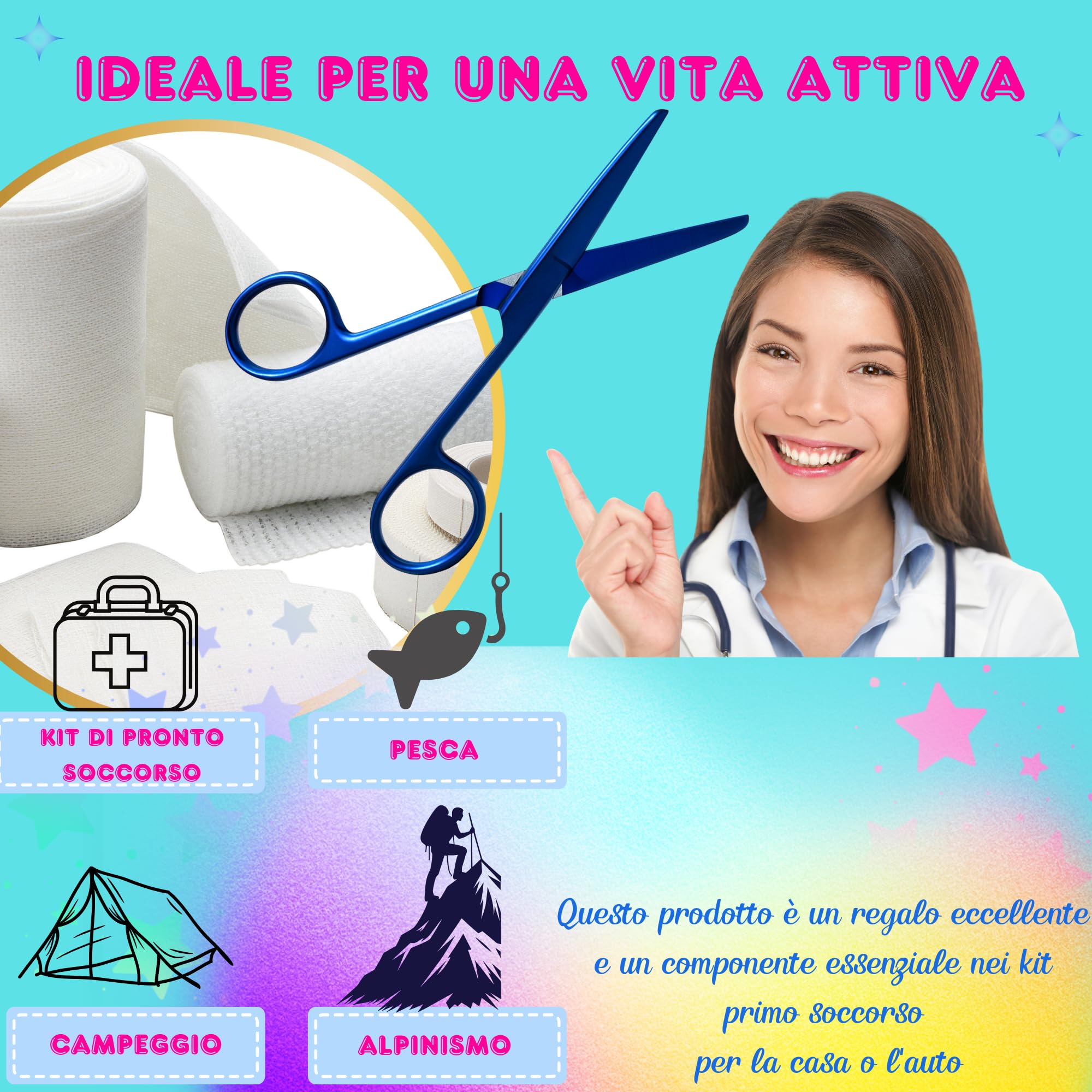 YUME Forbici da Infermiere in Acciaio Inox con Punta Arrotondata Professionali + Portachiavi Retrattile in Omaggio | Forbici Mayo | Regalo Perfetto per Infermieri | Accessori OSS/TCAE (AZUL)
