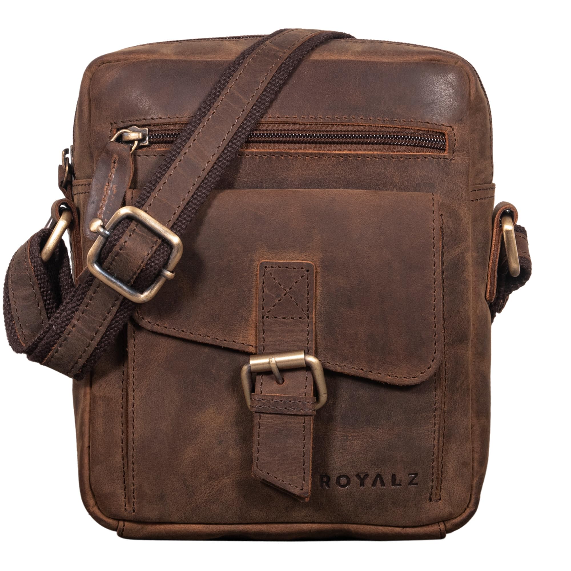 ROYALZ "Knoxville kleine Ledertasche Herren Vintage Männer Umhängetasche Mini Messenger Bag Schultertasche klein;Farbe:Roma Cognac Braun