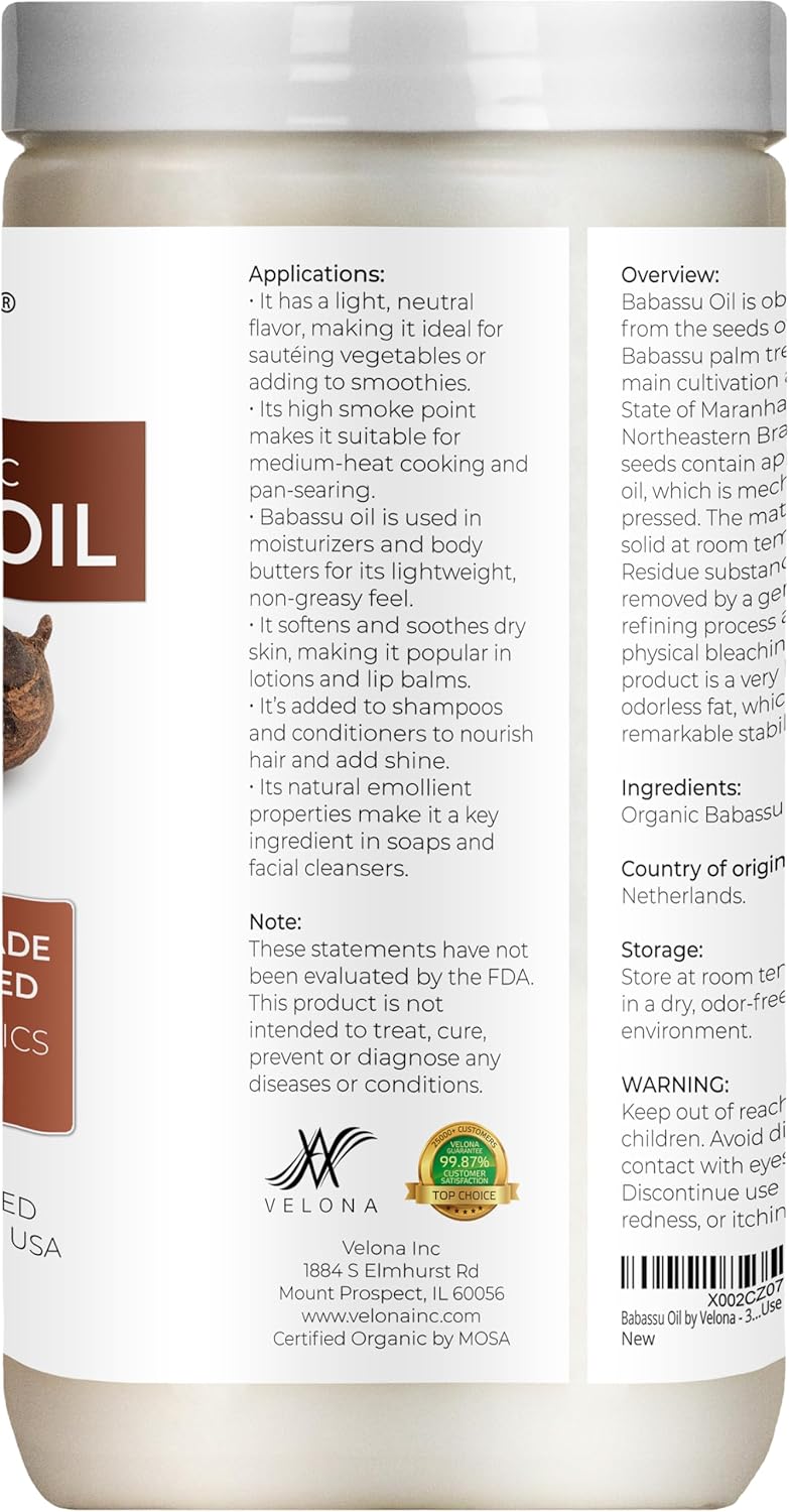 velona Babassu Oil USDA Certified Organic - 64 Fl Oz | 100% Pure and Natural Carrier Oil | Refined, Cold Pressed | Face, Hair, Body & Skin Care and Cooking | Use Today - Enjoy Results - Image 4