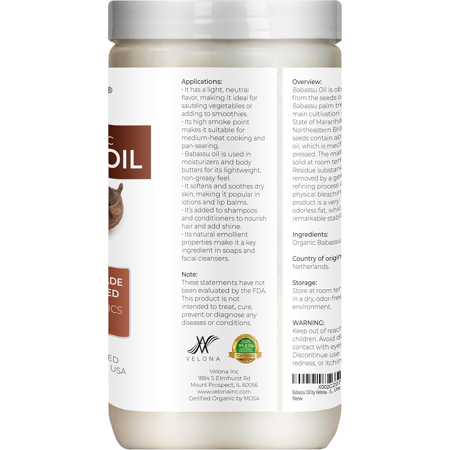 velona Babassu Oil USDA Certified Organic - 32 Fl Oz | 100% Pure and Natural Carrier Oil | Refined, Cold Pressed | Face, Hair, Body & Skin Care and Cooking | Use Today - Enjoy Results
