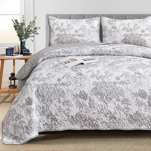 Miniatura 7 de WONGS BEDDING - Juego de edredón gris con estampado botánico de tamaño queen, 3 piezas, colcha de toile de microfibra suave y ligera, con patrón de