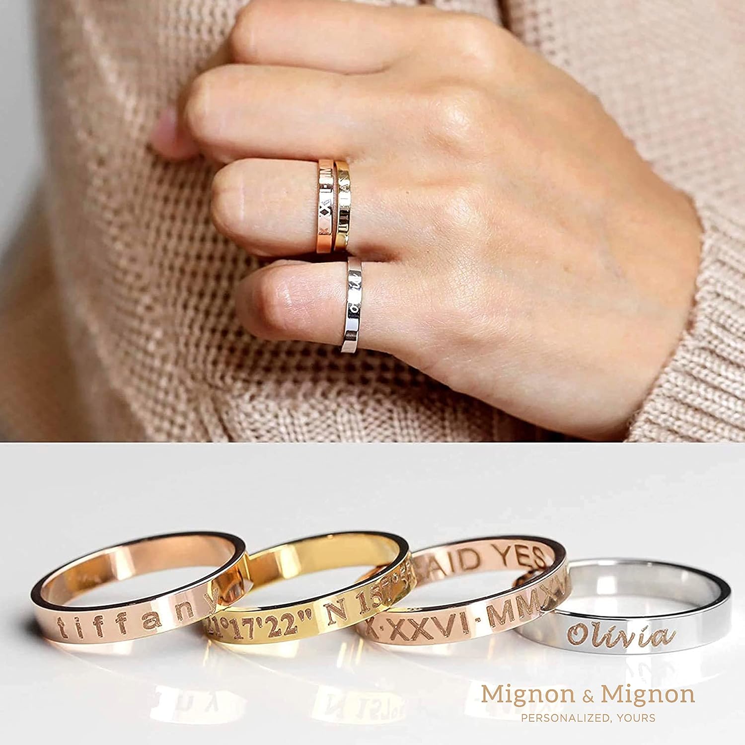 MignonandMignon Custom Engraved Ring for Women Gold | Roman Numeral Name Date Ring Personalized | Promise Ring for Couples Friendship Band Mothers Day Gift