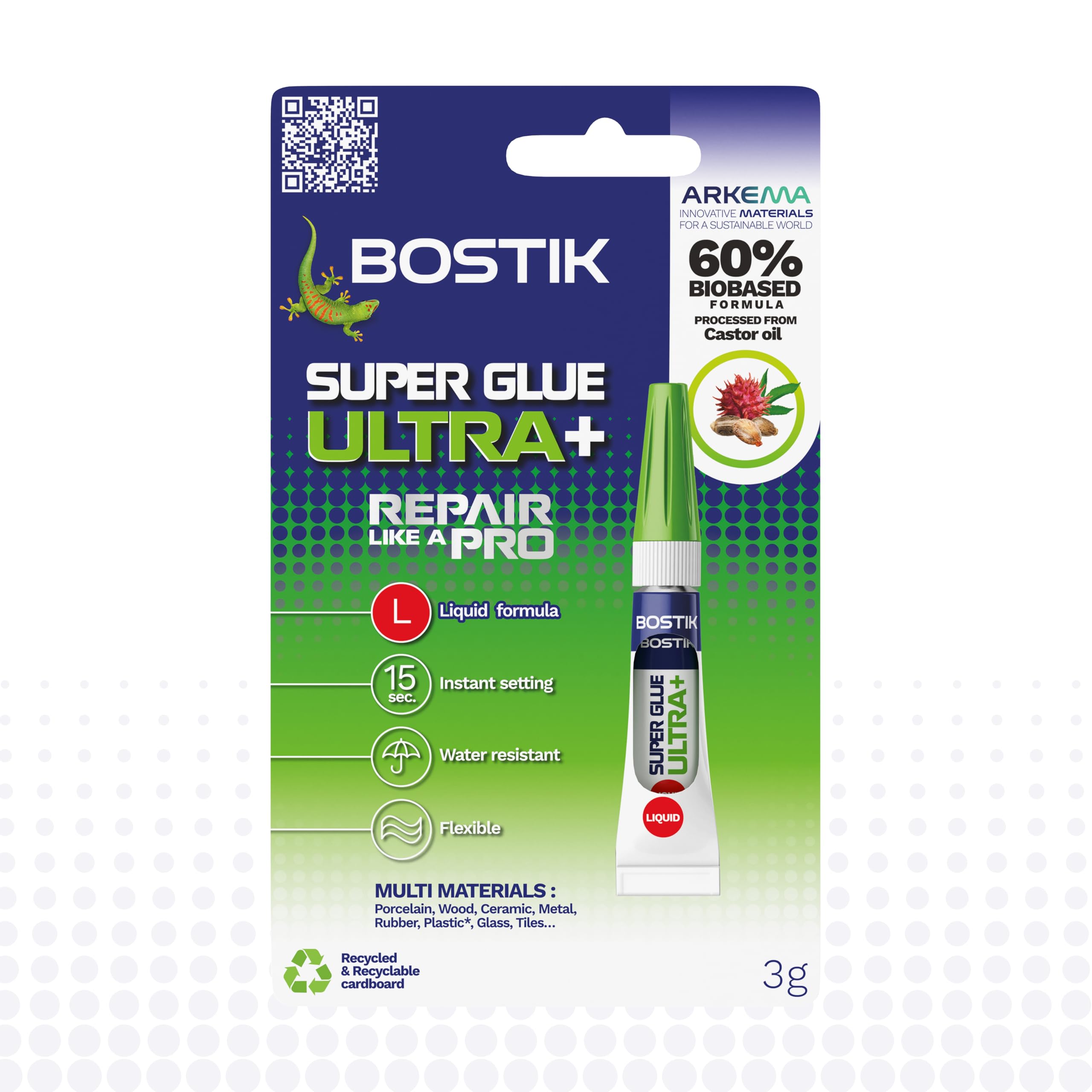 Bostik Super Glue Ultra+ 3g - Clear Formula - 60% Biobased Super Glue - Ultra Strong Instant Adhesive for Wood, Metal, Ceramic, Glass, Plastic & Leather - Heat & Water Resistant,