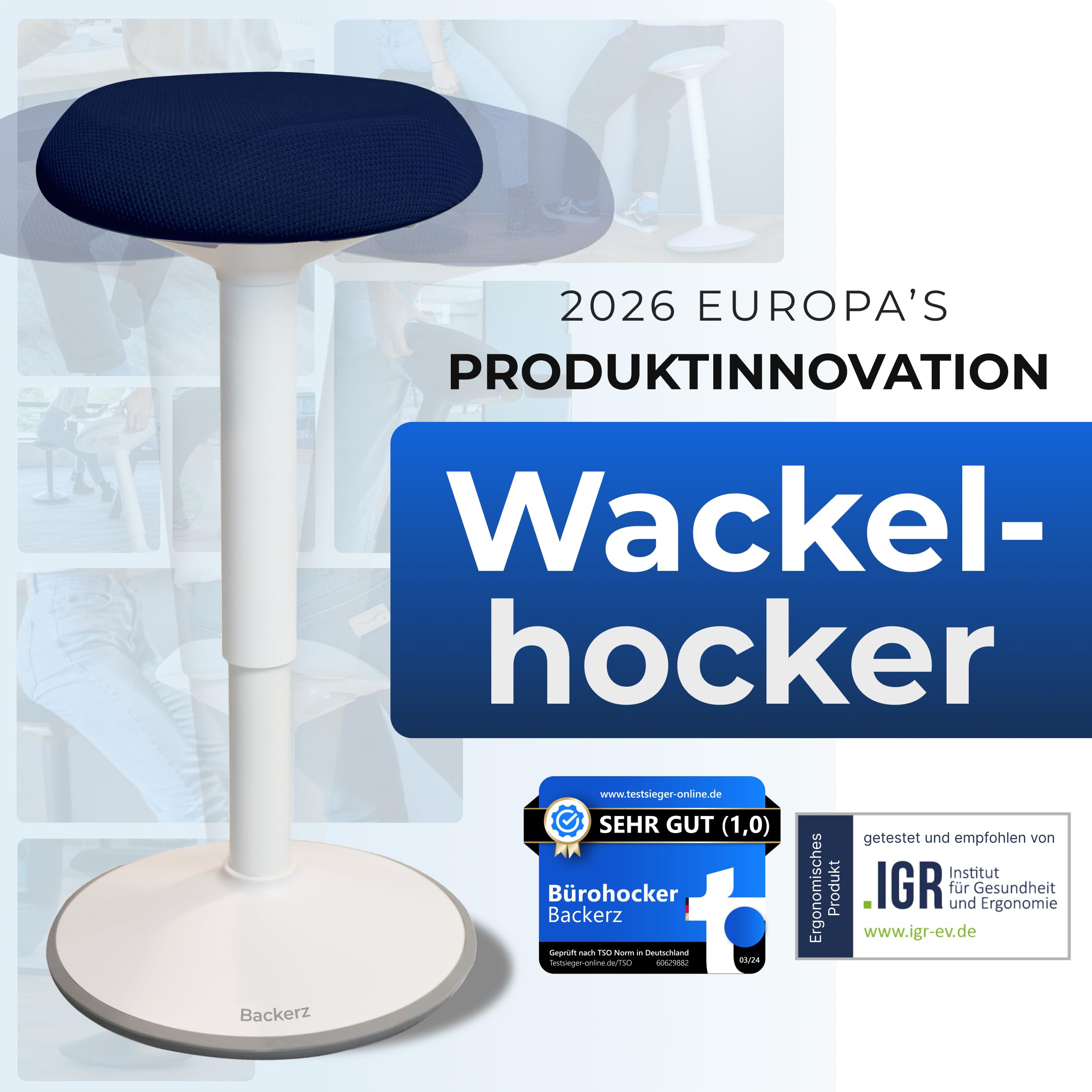 Backerz Ergonomischer Hocker - Bürohocker Testsieger mit 55-80 cm Stehhocker Höhenverstellbar mit Schwingeffekt - Büro Stehstuhl - Rutschfester Sitzhocker Ergonomisch - Wackelhocker Büro - Blau