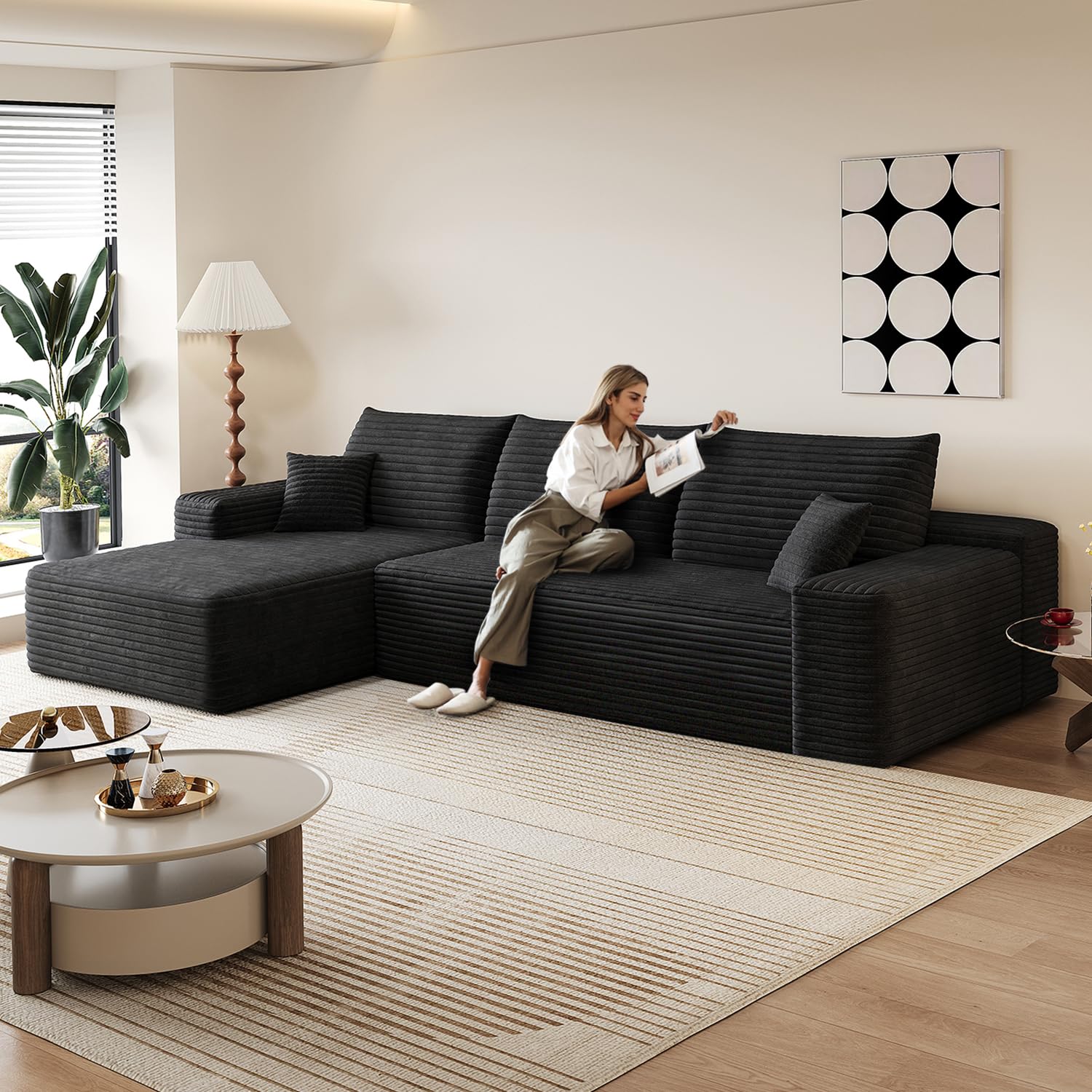 107.5" L-Shaped Sectional Modern Boneless Corduroy Couch with Chaise-No Assembly Required! Deep-Seat, Upholstered Modular Cloud Sofa for Living Room,