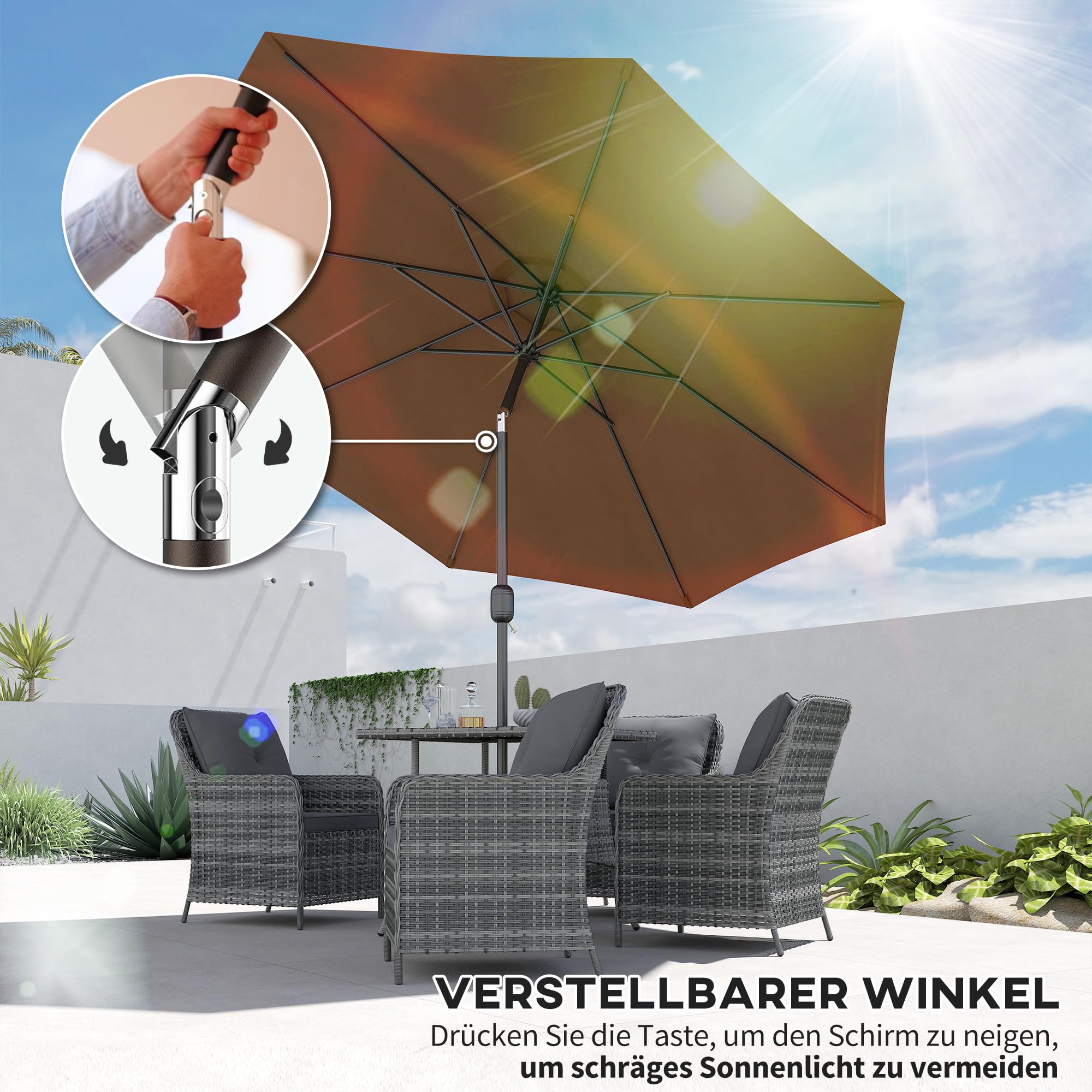 Outsunny Parasol składany z ręczną korbką, brązowy, Ø2,95 x 2,5 m