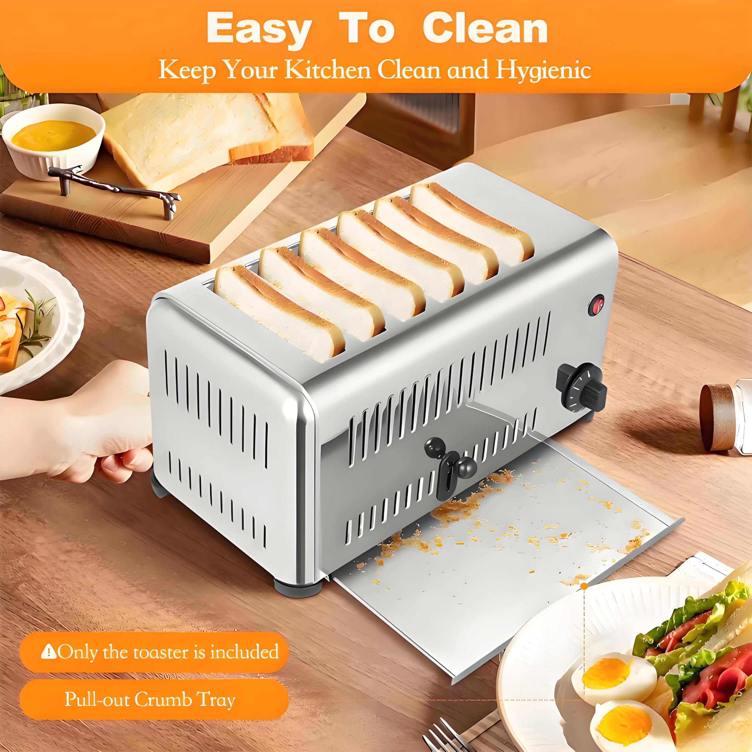 Tostadora Comercial Emergente de 6 Rebanadas, con Configuraciones de Tostado Ajustables y Una Ranura Extra Ancha para Pan de Corte Grueso; Adecuada Tanto para Restaurantes Como para Uso Doméstico.