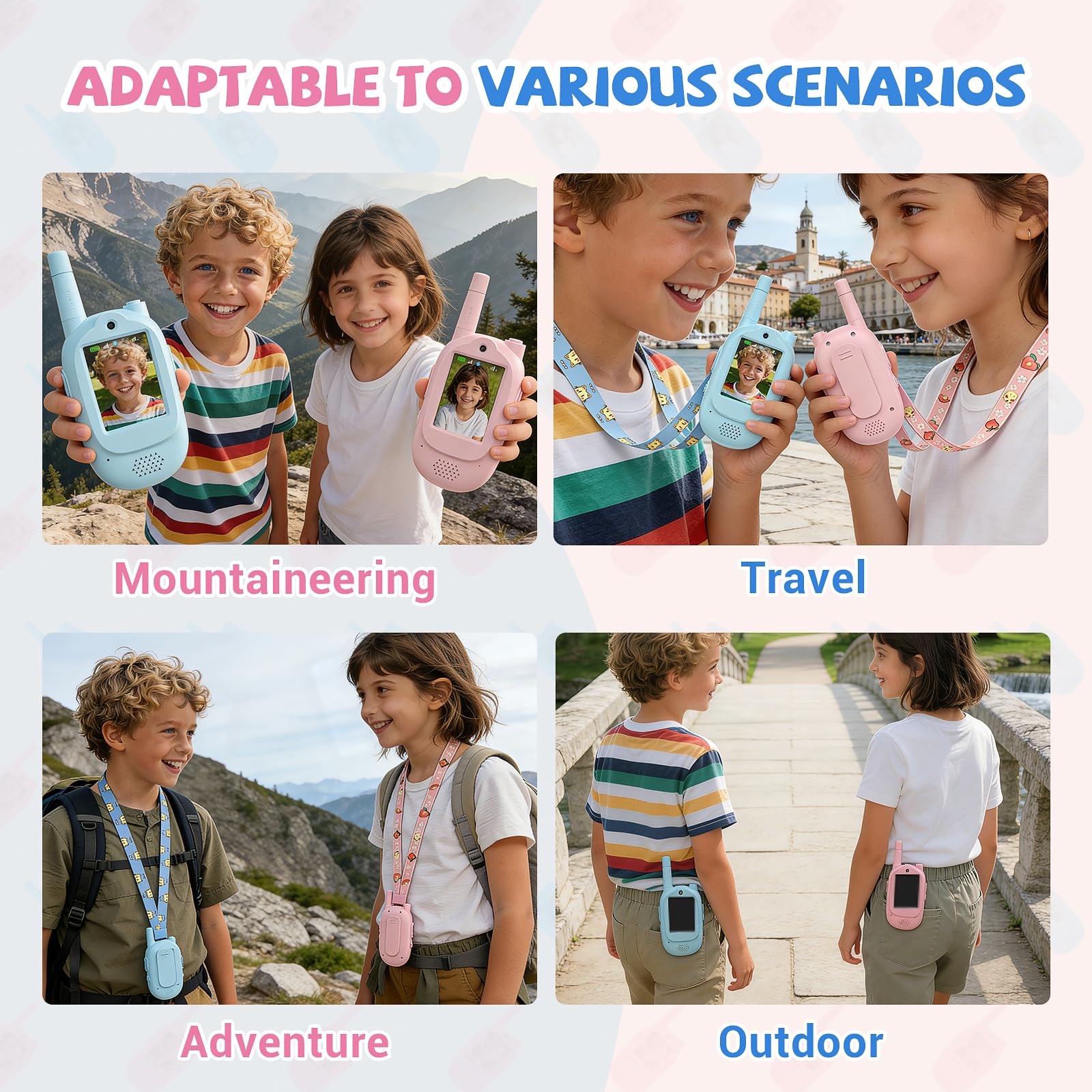 Talkie walkie vidéo pour Enfants, Cadeau pour Les garçons et Les Filles à partir de 3 Ans, Talkie-walkie Rechargeable, Jeux et Jouets pour Enfants, Coloris Rose et Bleu