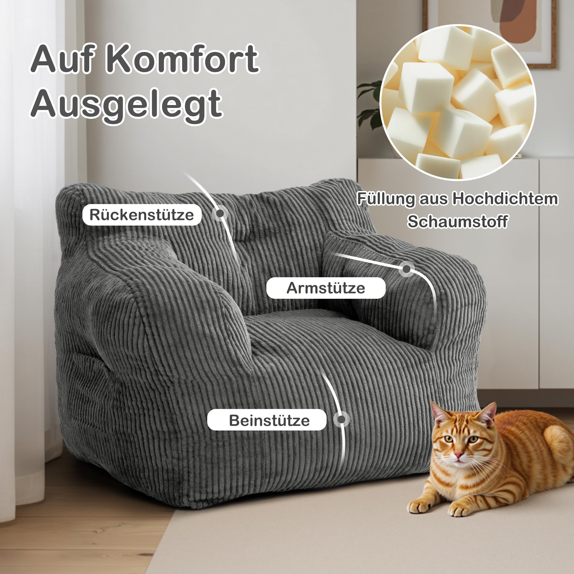 Pamapic Worek do siedzenia, worek do siedzenia dla dorosłych z wypełnieniem, Bean Bag Chair z przenośnym uchwytem, nowoczesny, ergonomiczny worek do siedzenia, do salonu, sypialni, pokoju zabaw, szary