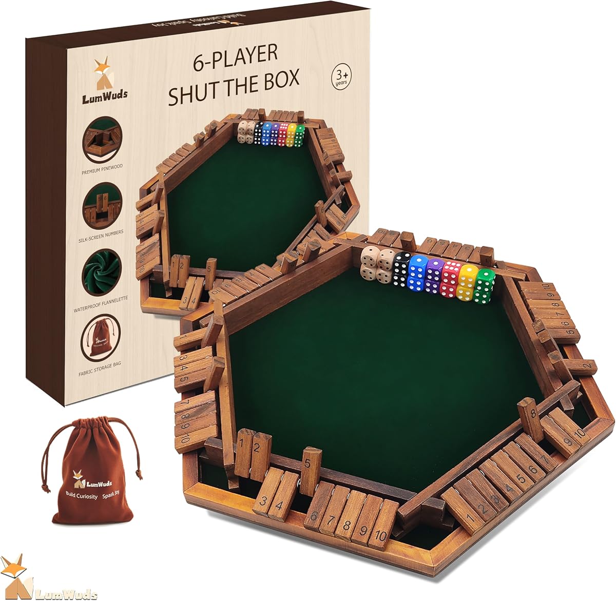 Shut The Box Game Wooden Board Game for 1-6 Players with 16 Dice, Dice Game for Adults & Kids at Home, Classroom or Parties