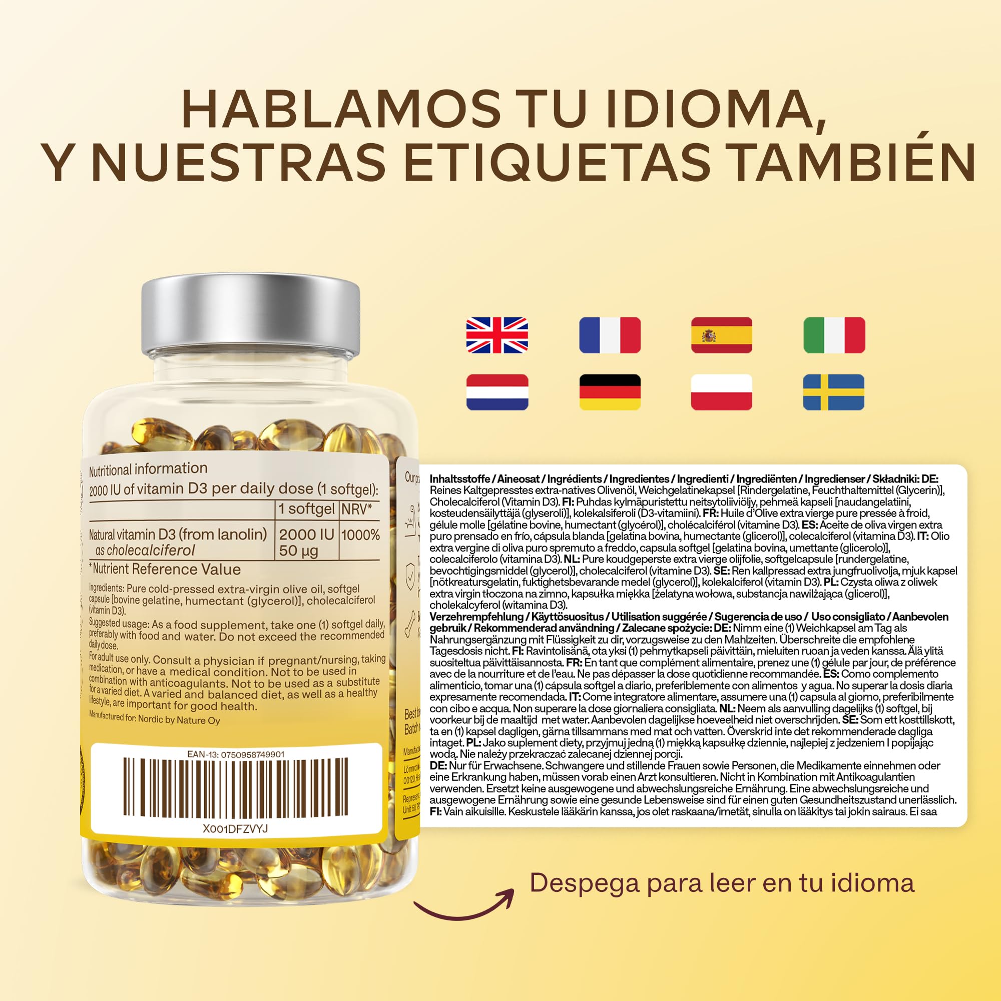 Vitamina D3 2000 UI - 365 Cápsulas Blandas - con Aceite de Oliva Virgen Extra para una Absorción Óptima – Contribuye al mantenimiento de la Función Ósea, Muscular e Inmunológica