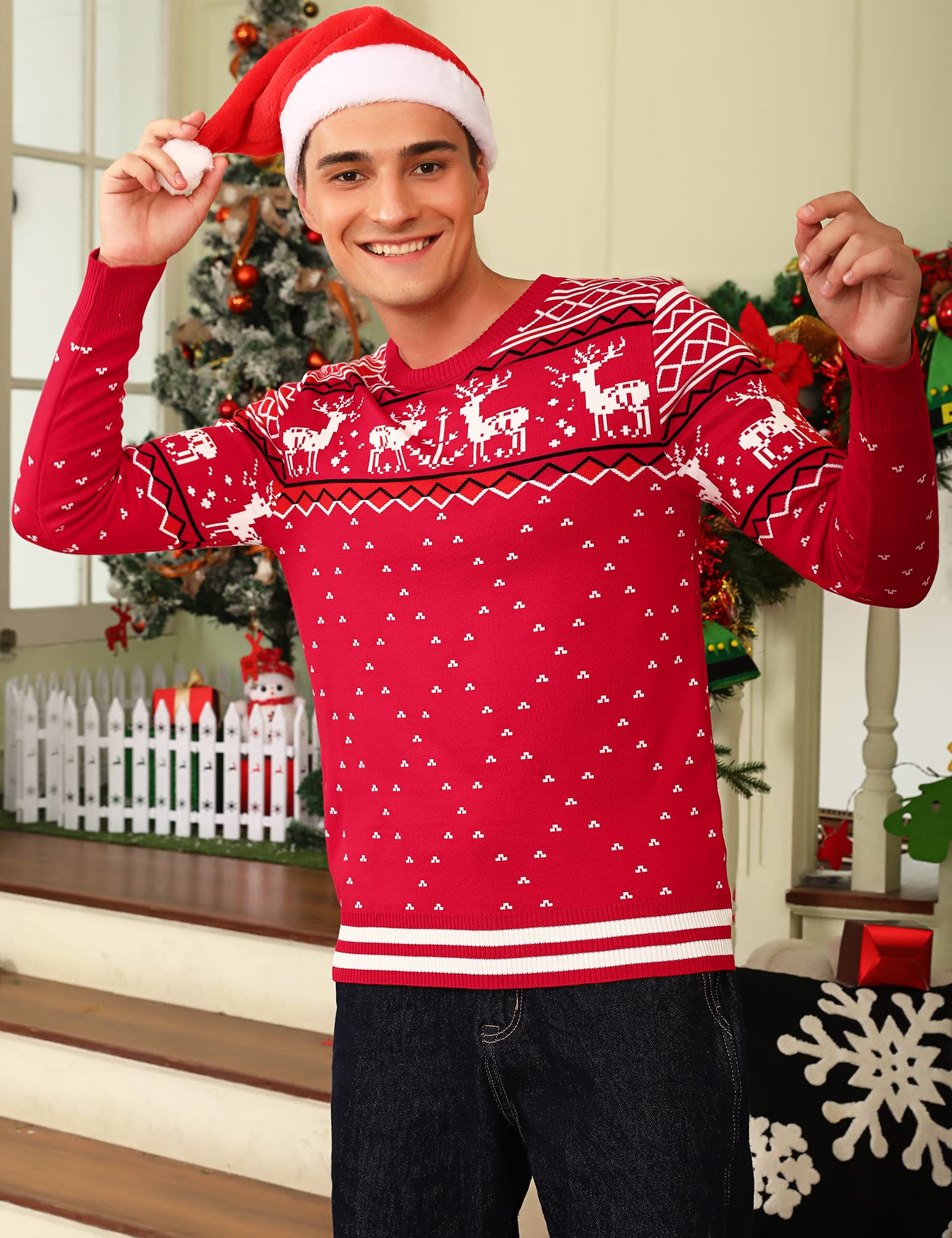 Litherday Pull de Noël Famille Unisexe Sweater Tricot à Col Rond avec Renne Flocon de Neige Arbre de Noël Imprimé Pull Manche Longue Hiver Sweat-Shirt Festif Joyeux Christmas