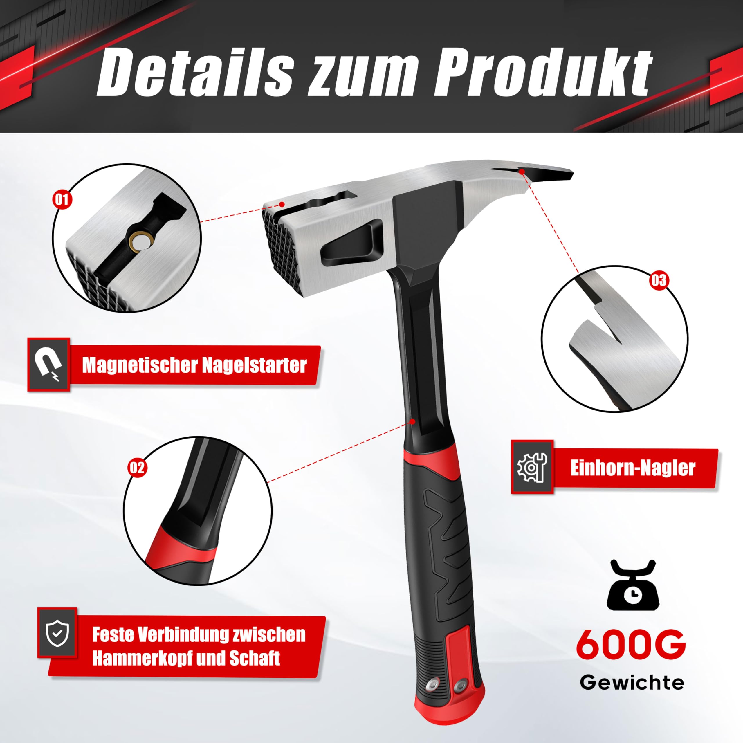 C&T Martello da carpentiere da 600 g, martello da fabbro, martello forgiato a un pezzo, struttura interamente forgiata, con supporto magnetico per unghie, eccellente ammortizzazione delle vibrazioni