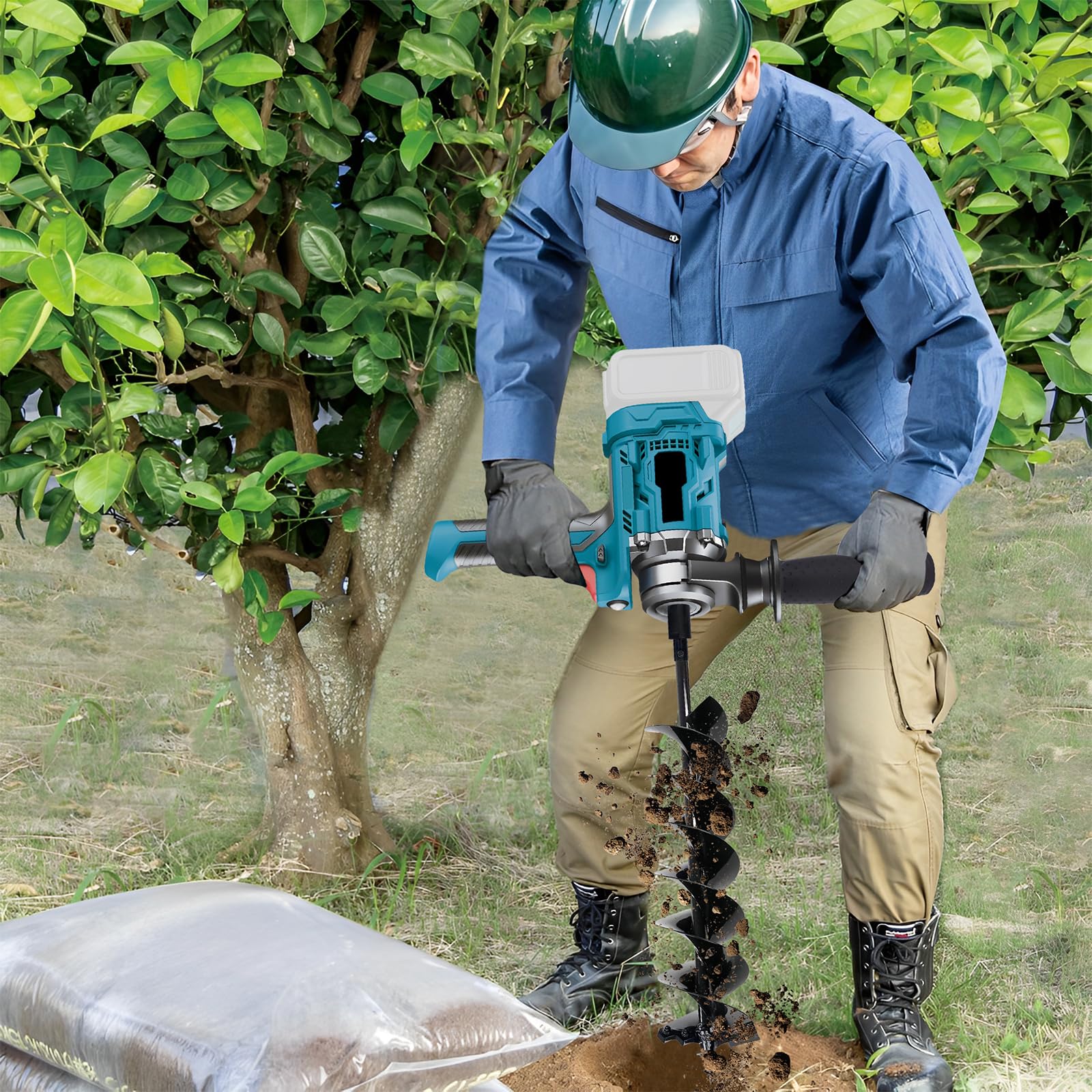 Taladro de tierra compatible con batería 18-21 V (sin batería), excavadoras eléctricas de agujeros de poste, taladro eléctrico de tierra de 2 asas, con interruptor de seguridad, para instalar