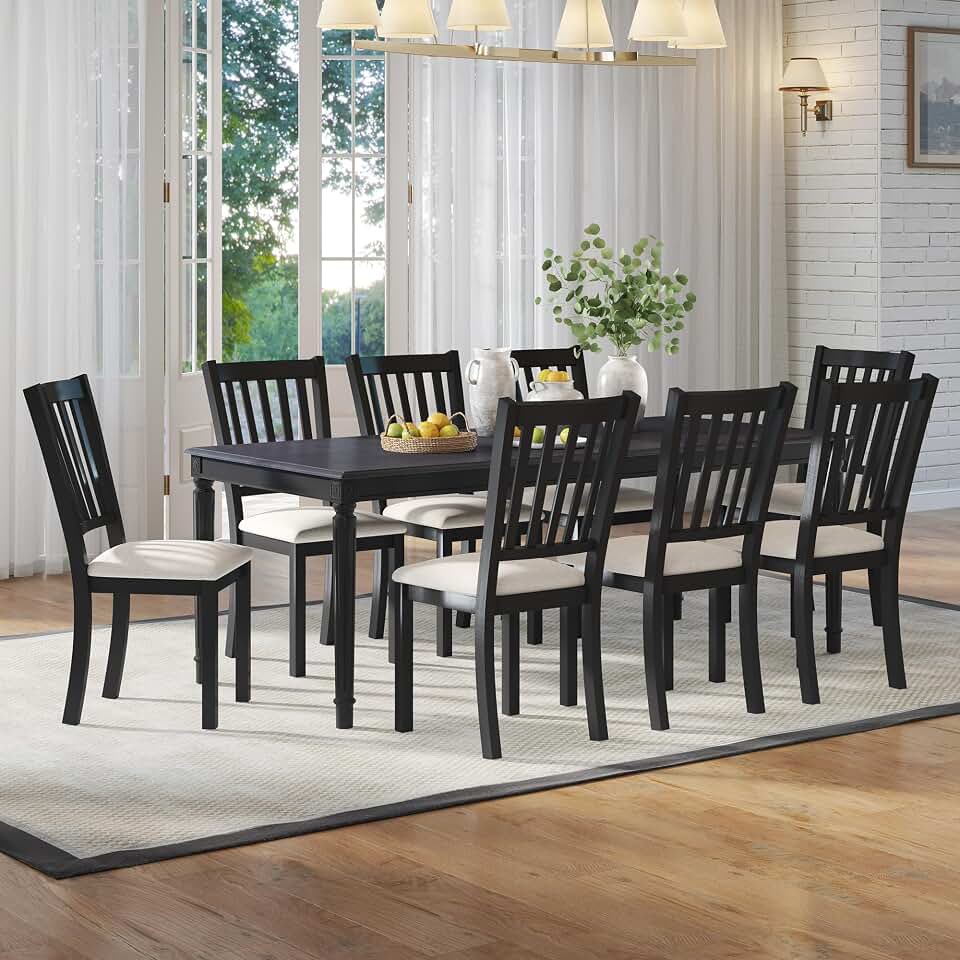 AMERLIFE 9 Piece Farmhouse Dining Table Set with 79" Rubberwood Table, Grey