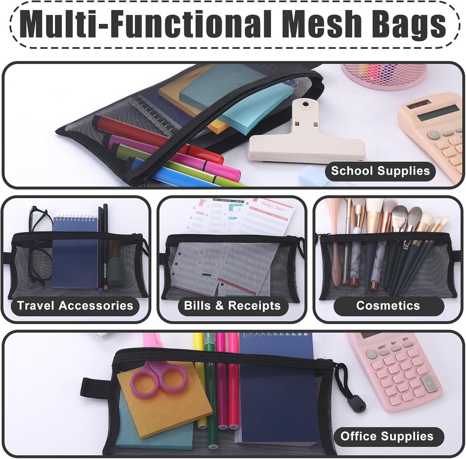 Leelosp 80 Pcs Mesh Zipper Pouch Bulk Mesh Cosmetics Bag Pencil Storage Pouch Toiletry Makeup Bags Employee Appreciation Gift for Office Travel Organization(Black,9 x 4.7 Inch)