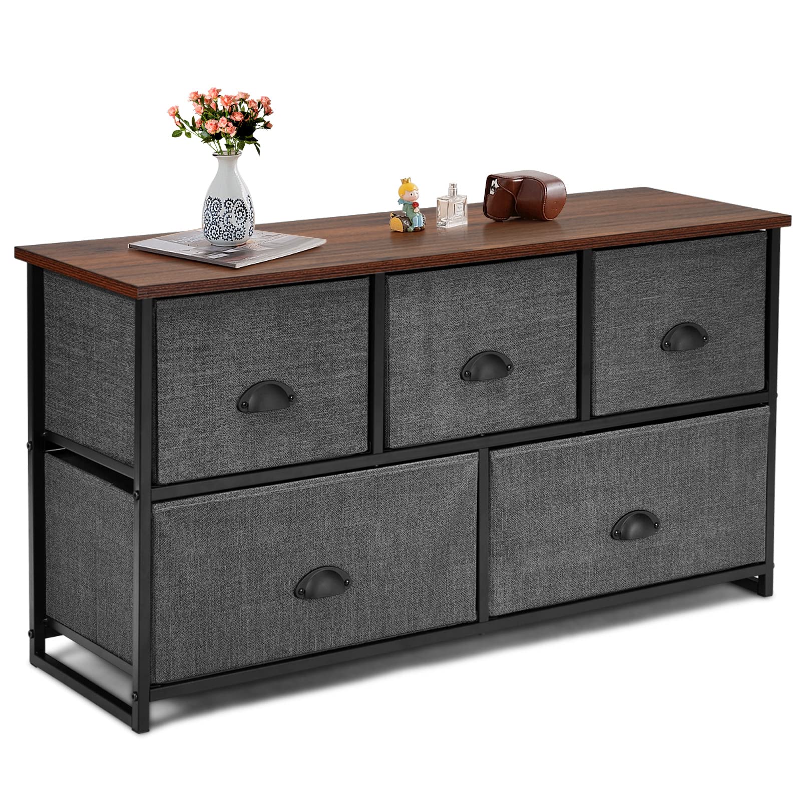 GIANTEX Komoda z materiału, nowoczesny kredens z 5 szufladami, szafka do przechowywania, uniwersalna szafka z metalową ramą, komoda do przechowywania, komoda z szufladami 100 x 30 x 54 cm, wzornictwo