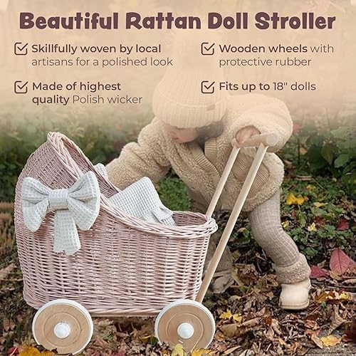 Miniatura 3 de Cochecito de mimbre rosa con purpurina y madera de haya hecho a mano - Mango y ruedas de madera estable - Transportador de juguetes acogedor para