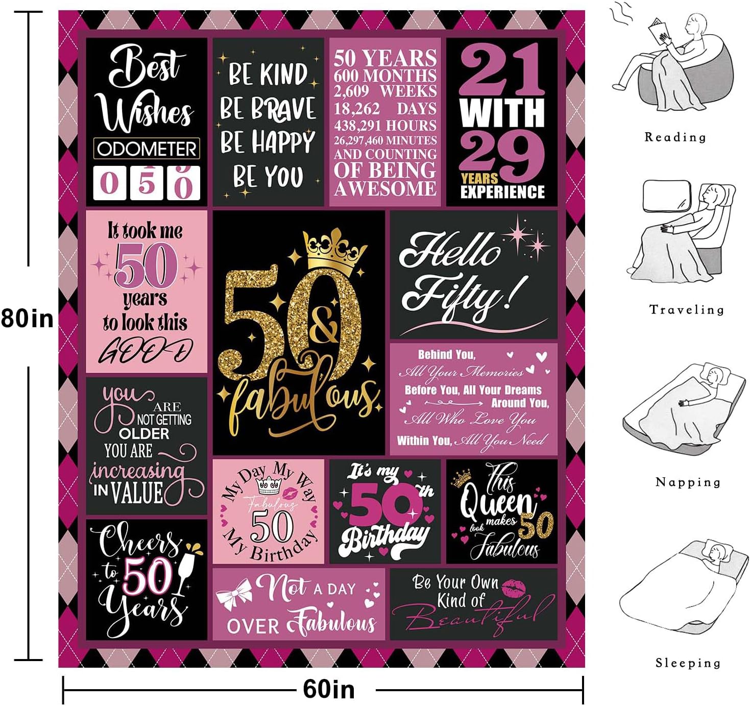 50 Birthday Gifts for Women, 50th Birthday Blanket with Gift Box, 50th Birthday Decorations Gift Ideas for Her, 50 Year Old Gifts for Women Turning 50 and Fabulous 80''x60''