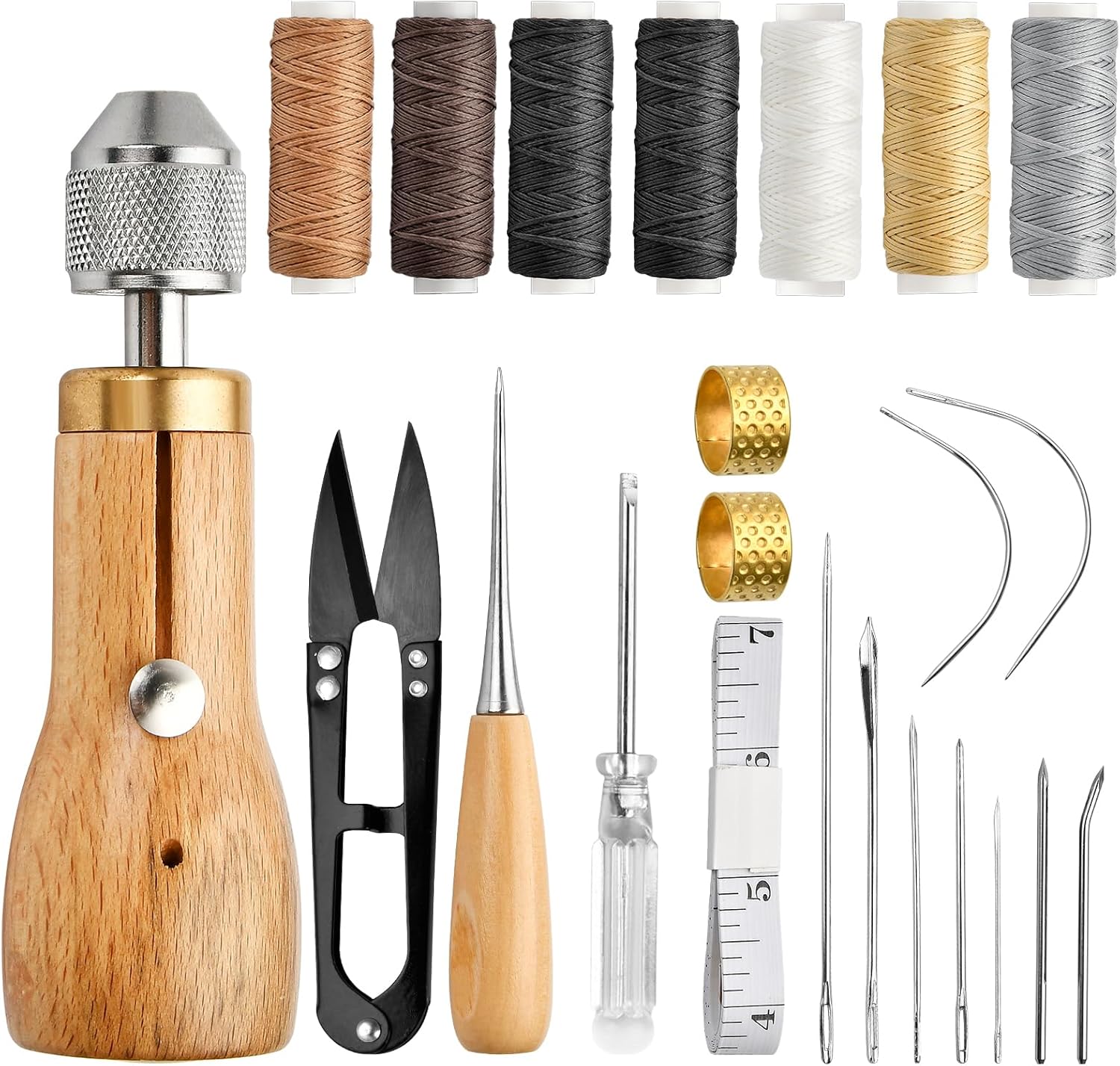 Lainballow 23pcs Sewing Awl Kit,Portable Leather Sewing Awl Kit with 9Straight Bent Needles 7Waxed Threads 1Screwdriver 1Scissors 2Needle Threader 1Tape 1Leather Craft Awl Tool for DIY Leather Craft