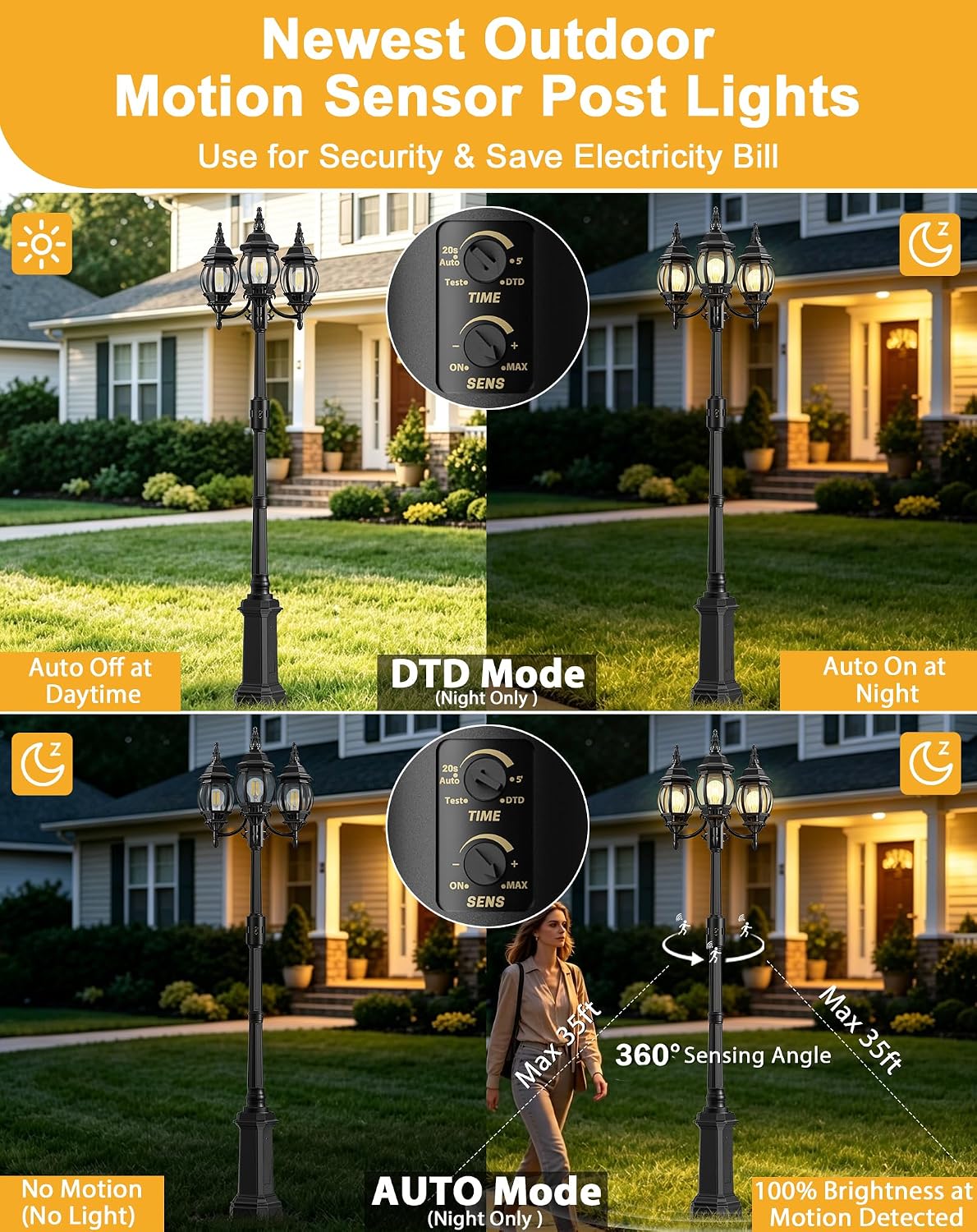 Redluck 97" 3-Head Motion Sensor Outdoor Post Lights with GFCI Outlet image 3
