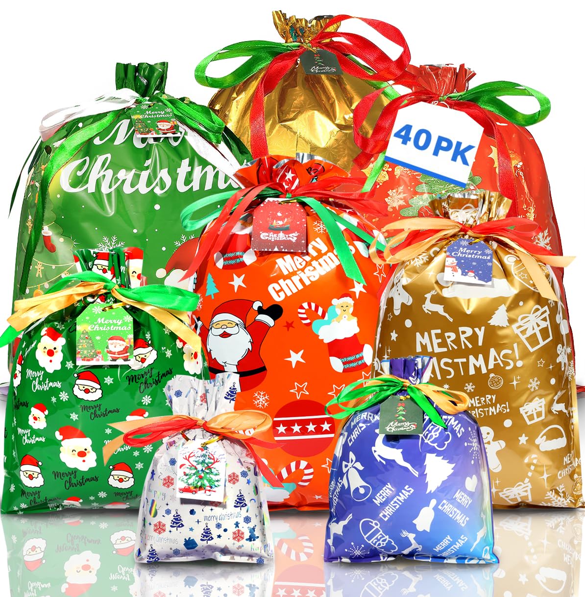 Shineloha 40 bolsas de regalo de Navidad con cordón (XL+L+M+S) con etiquetas | Bolsas de regalo de Navidad con cordón, envoltura de regalos de Navidad para envolver recuerdos de fiesta (varios tamaños