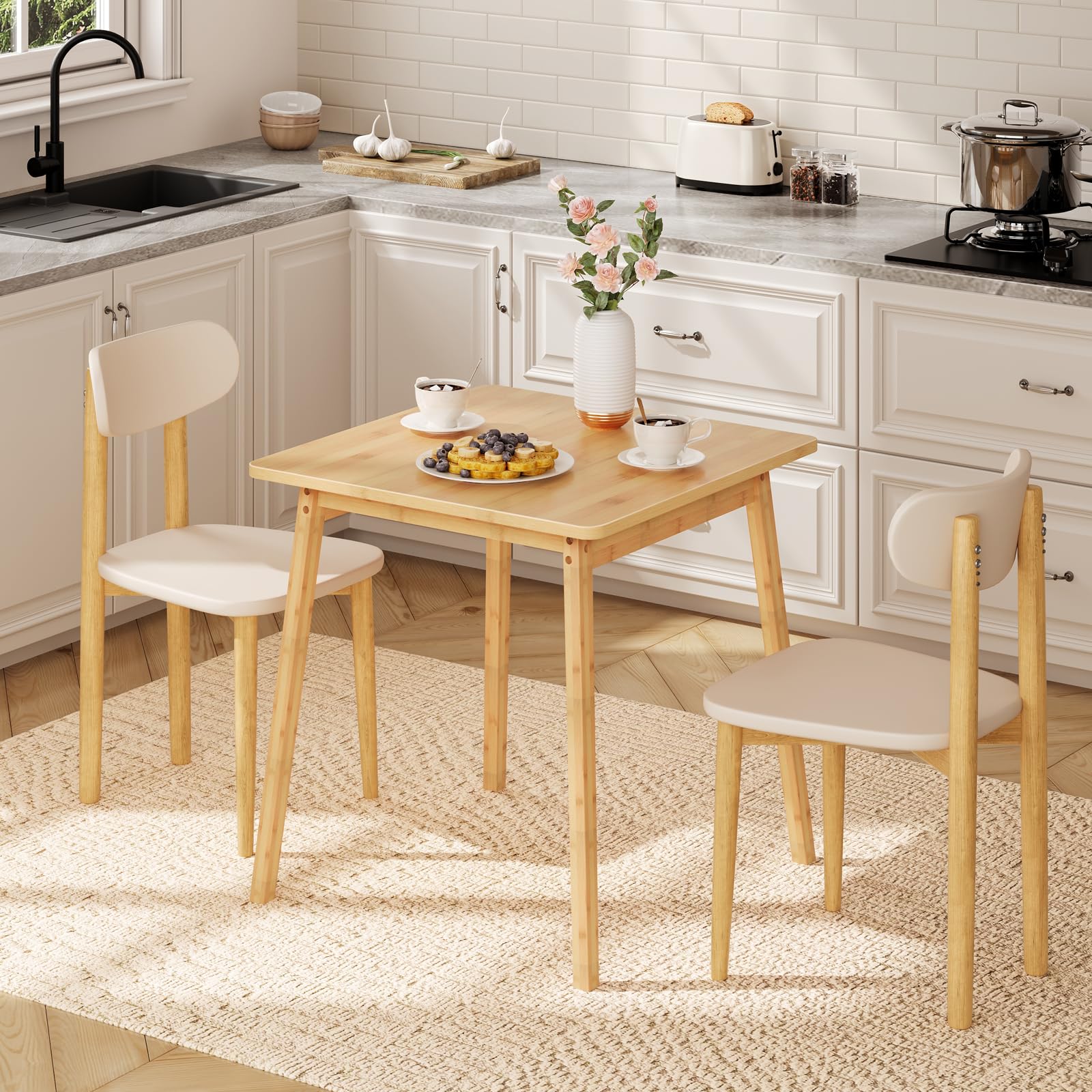 Table Carrée Bambou 2 Personnes - 75x70x70 Cm Naturel, Petite Table Salle à Manger Cuisine Compacte