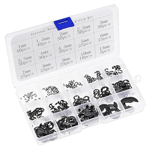 uxcell E-Clip Circlip - 400pcs 15-Tamaño de Eje de Retención Externo Anillo Snap Anillo de Acero al Carbono Surtido Kit Negro - Tamaño 0.039 in a