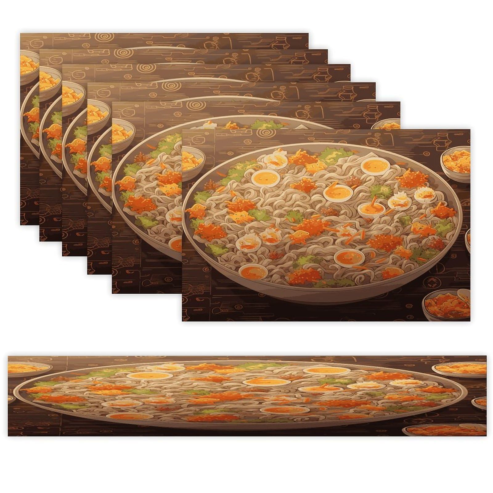 Egg Cup Noodle Ramen Table Runner and Placemats Set of 6 for Kitchen Washable Table Mats Heat Resistant Place Mats Non-Slip Place Mat Wipeable Placemat(6 Placemats+1 Table Runner)