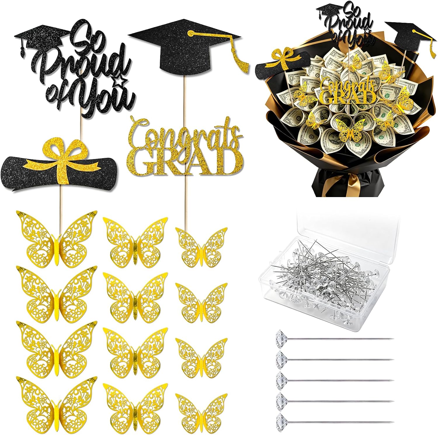 JarThenaAMCS Graduation Season Bouquet Accessory Set 4Pcs Grad Cap Diploma Centerpiece Stick Toppers 12Pcs Gold 3D Butterfly 100Pcs Rhinestone Pins for Congrats Grad Party Favors Flower Bouquet Decor