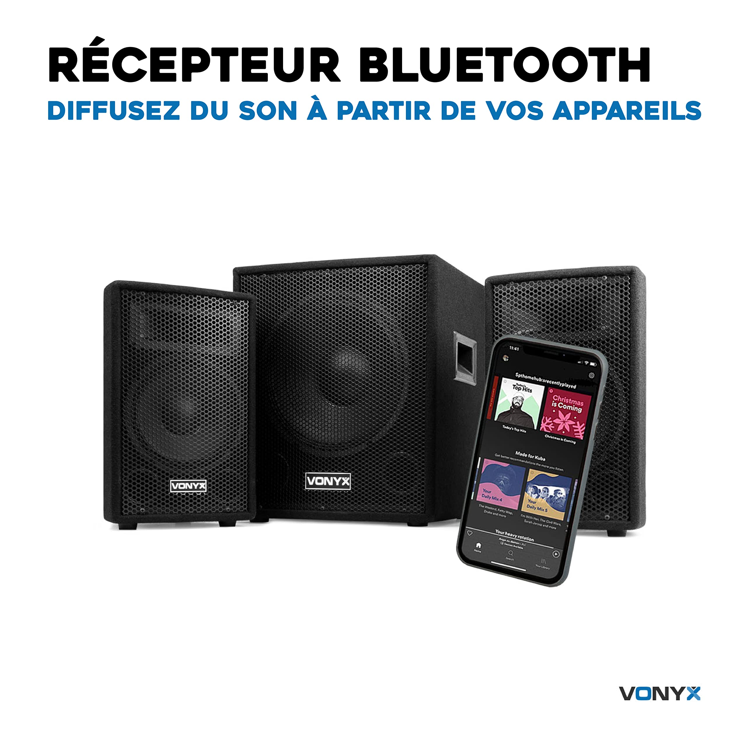VONYX VX0812BT Pack Sono DJ Actif 2.1-800W, 8Ohm, avec Bluetooth, Subwoofer 12 Pouces, 2 Enceintes 8 Pouces, Égaliseur de Son, Lecteur MP3 USB/SD, Idéal pour Vos Soirées et Vos Évènements