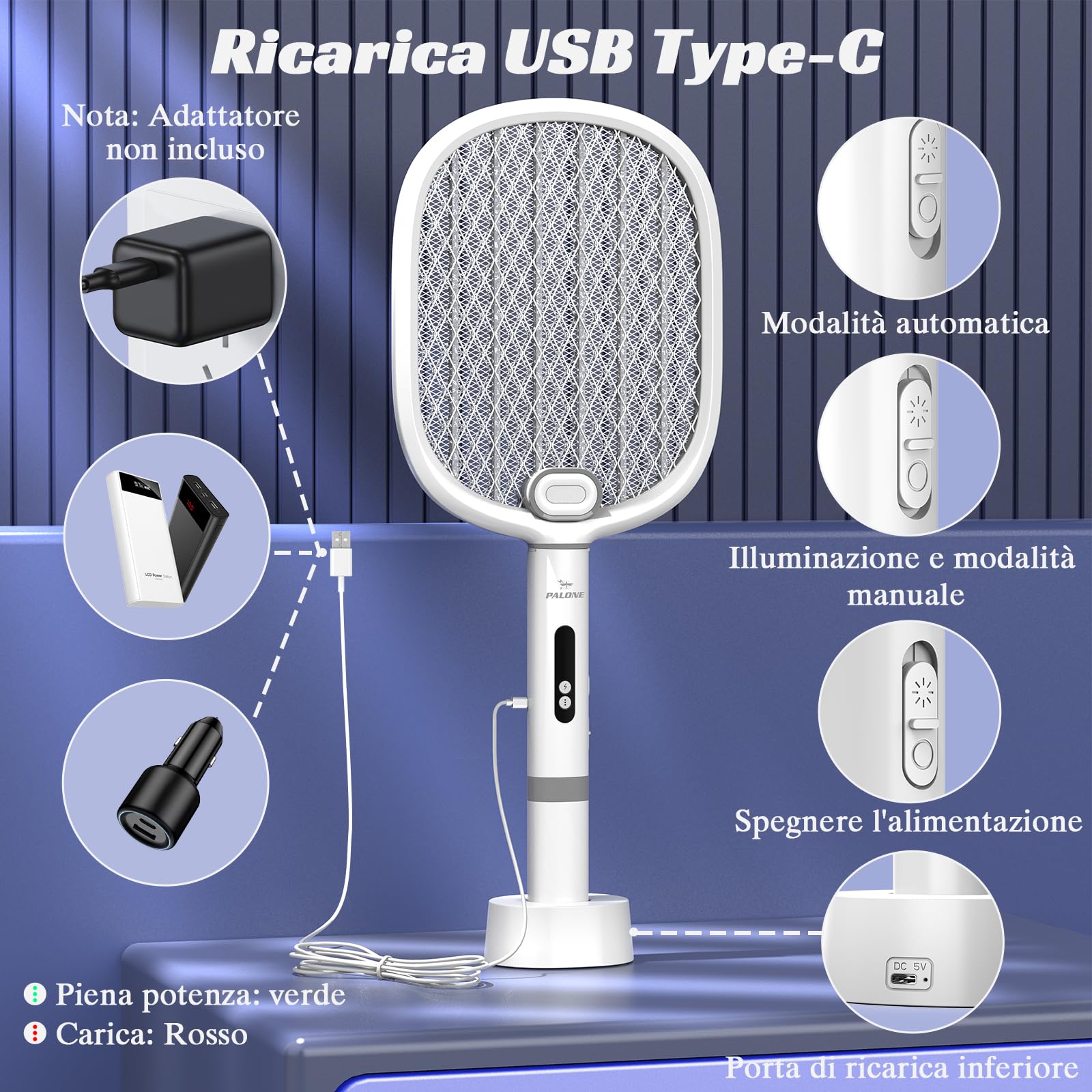 PALONE Racchetta Zanzare Elettrica 4000V con 2 Type-C, Portatile Ricaricabile 1800mAh Scacciamosche Elettrico Rimovibile, Notte LED & Base di Ricarica USB C