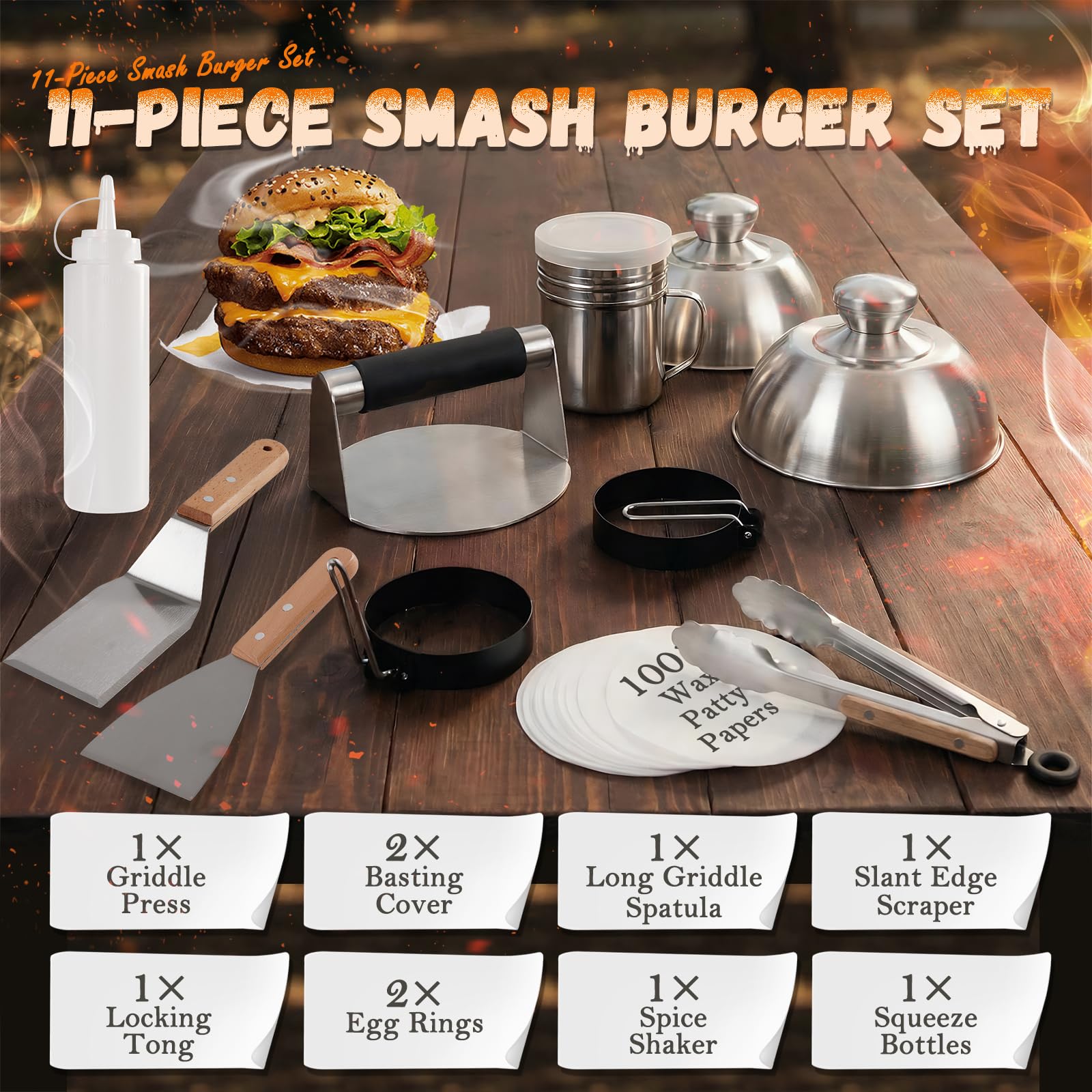 Kit d'accessoires de barbecue 11 pièces pour barbecue, presse à hamburger, kit d'accessoires pour machine à hamburger rapide, kit d'accessoires pour Blackstone, grill à dessus plat, teppanyaki et