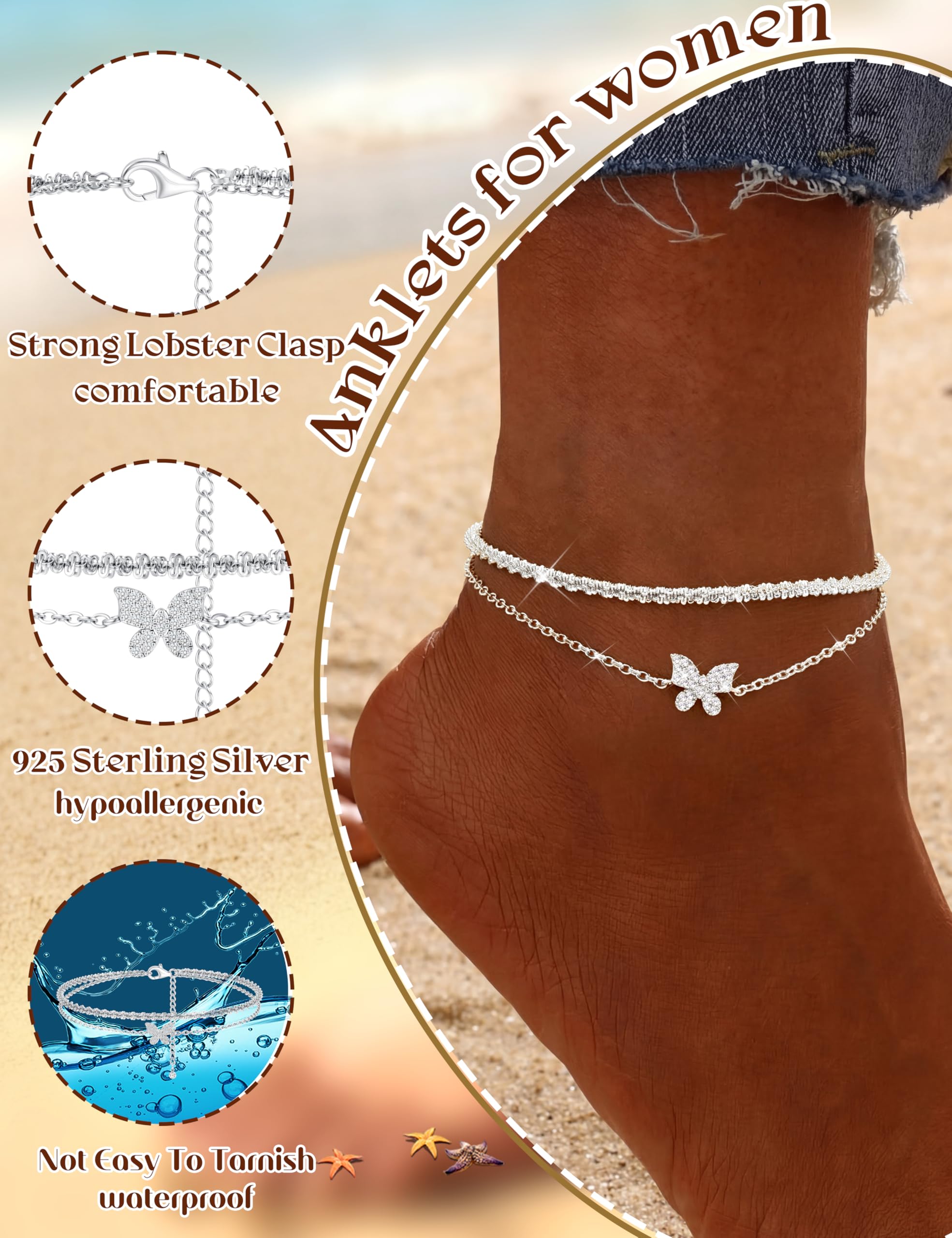 MILACOLATO Cavigliera regolabile in argento Sterling 925 da donna, impermeabile, con farfalla, cuore, stella, cerchio, cavigliera