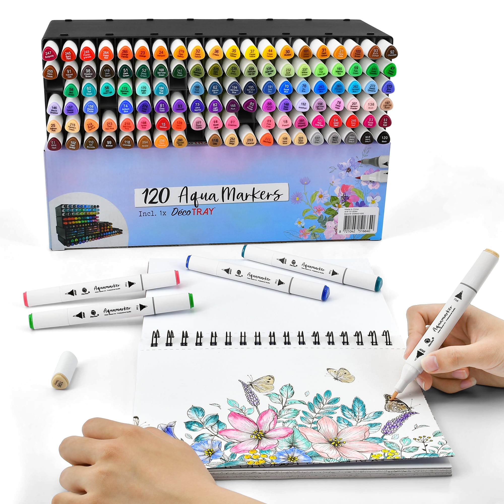 Decotime - Set di 120 pennarelli Aqua a doppia punta, formato XXL, impilabili, set di pennarelli ad acquerello, atossici, per bambini dai 3 anni in su, pennarelli professionali per arte e