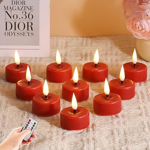 Eywamage Juego de 10 velas votivas de cera roja sin llama con pilas remotas, velas votivas LED parpadeantes