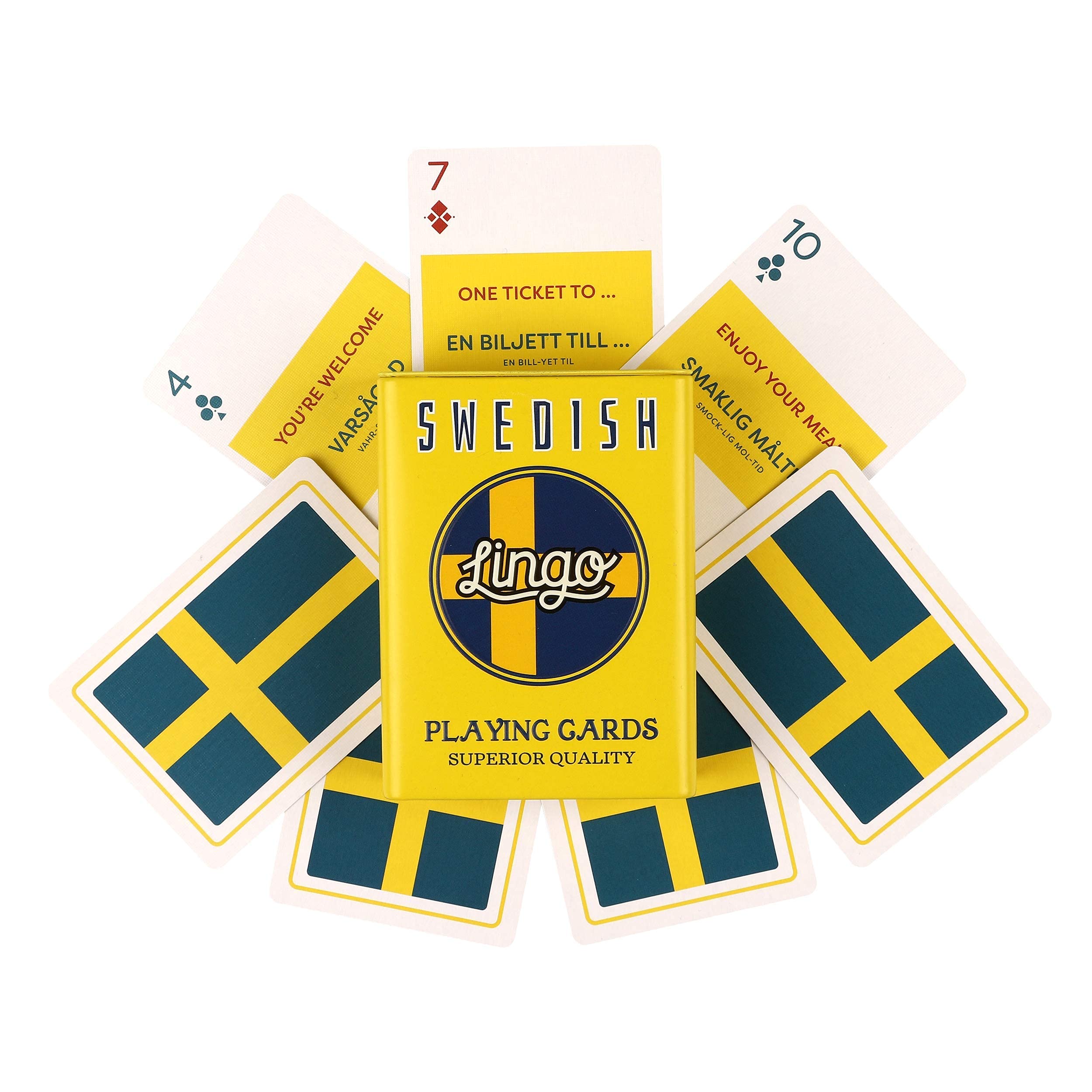 LingoLingo Slang Playing Cards in Tin Box | Travel Case Playing Cards | Language Learning Game Set | Fun Visual Flashcard Deck to Increase Vocabulary and Pronunciation Skills (Swedish)