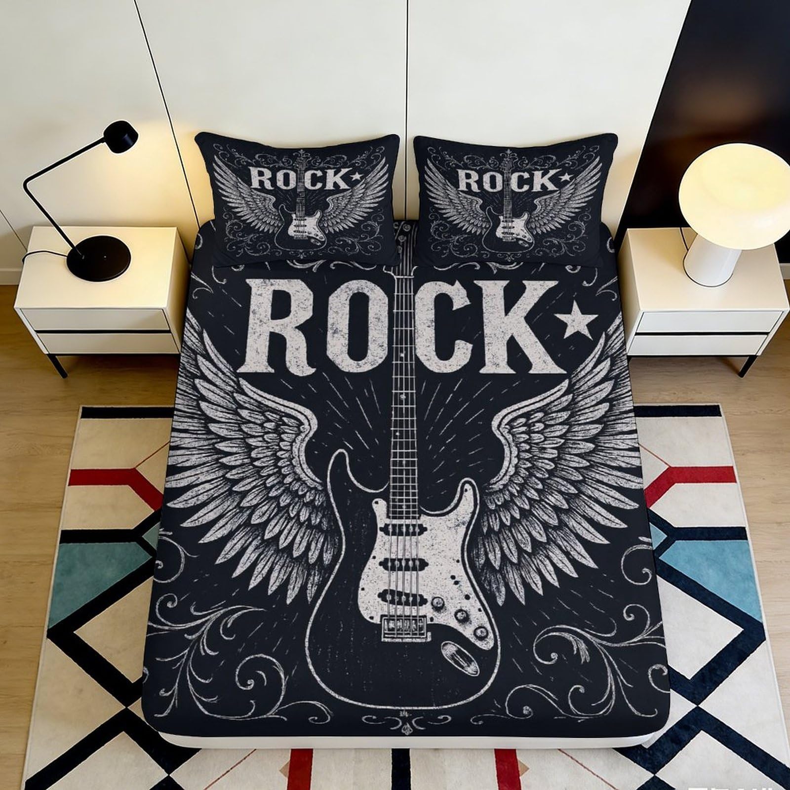3D Printed Rock Guitar Wings Fitted Sheet Microfiber Soft Bed Sheet for Bedroom Dorm Mattress Protection Decor Black 90x200x25cm