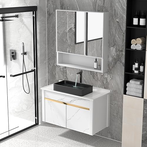 Miniatura 2 de Fulorni - Fregadero rectangular para baño, fregadero de baño blanco de 24 x 14 pulgadas con borde negro sobre mostrador rectangular para lavabo de