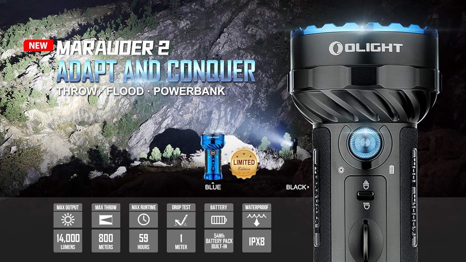 Tор Brаndѕ Olight Marauder 2 14000 Lumens Rechargeable LED Flashlight X7R Upgrade, Spot and Flood Beam Ultra Bright Soda Can Size Search Light with Built-in Battery Pack and Charger (Black)