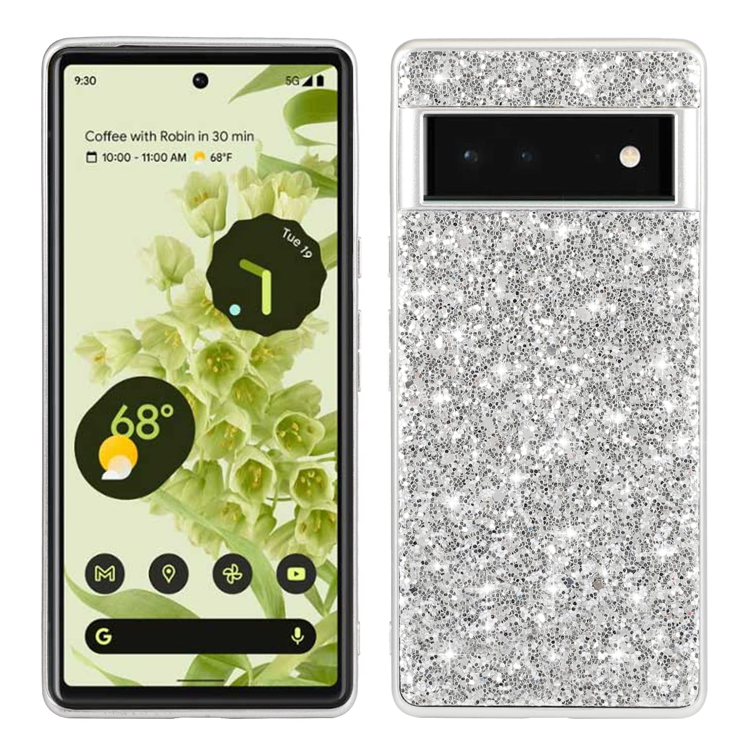 BLOTECH Bling Glitter Silicone Case Cover for Google Pixel 7, Slim Fit Soft TPU Bumper Skin Cover Rubber Sparkle Gel Shockproof for Women Girls Shell Cases Protective Back Cover Google Pixel 7 Silver
